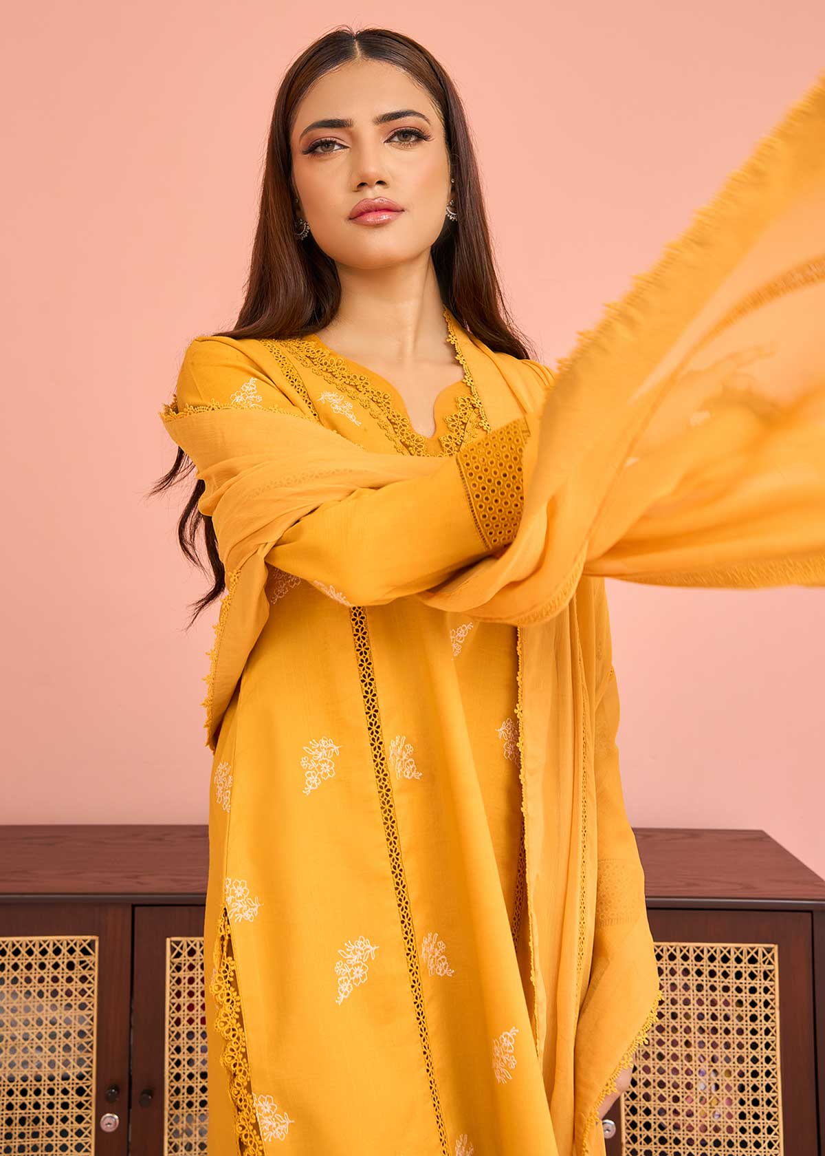 textured lawn Kurta Set in Mustard
