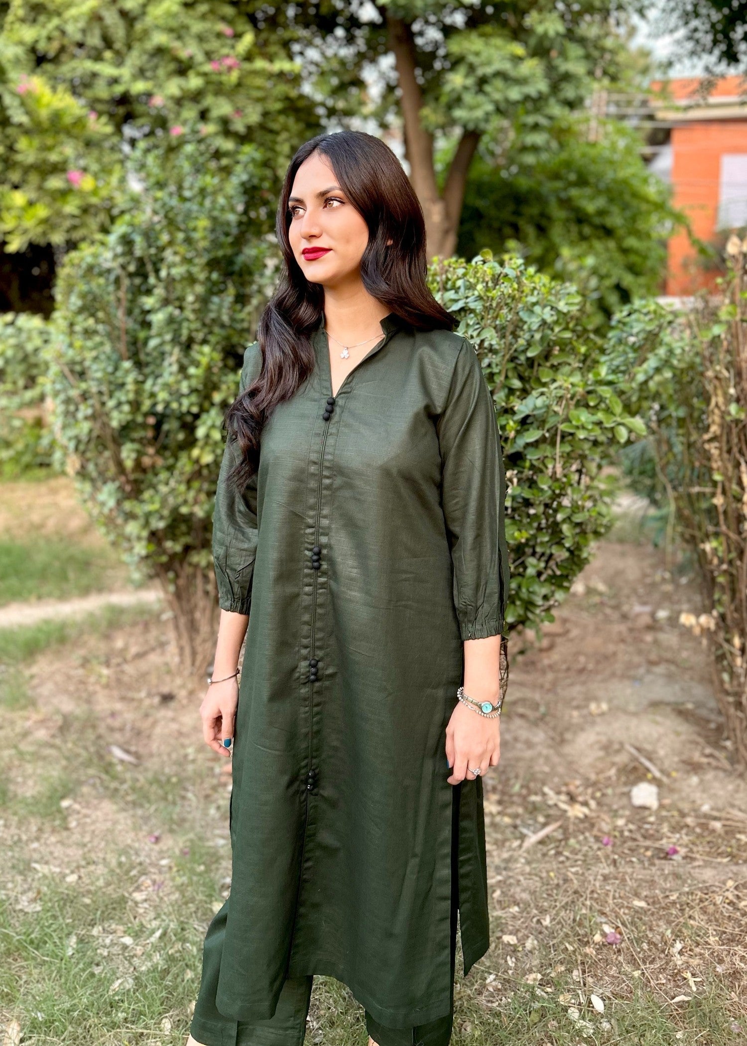 slub khaddar Co Ord Sets in Dark green