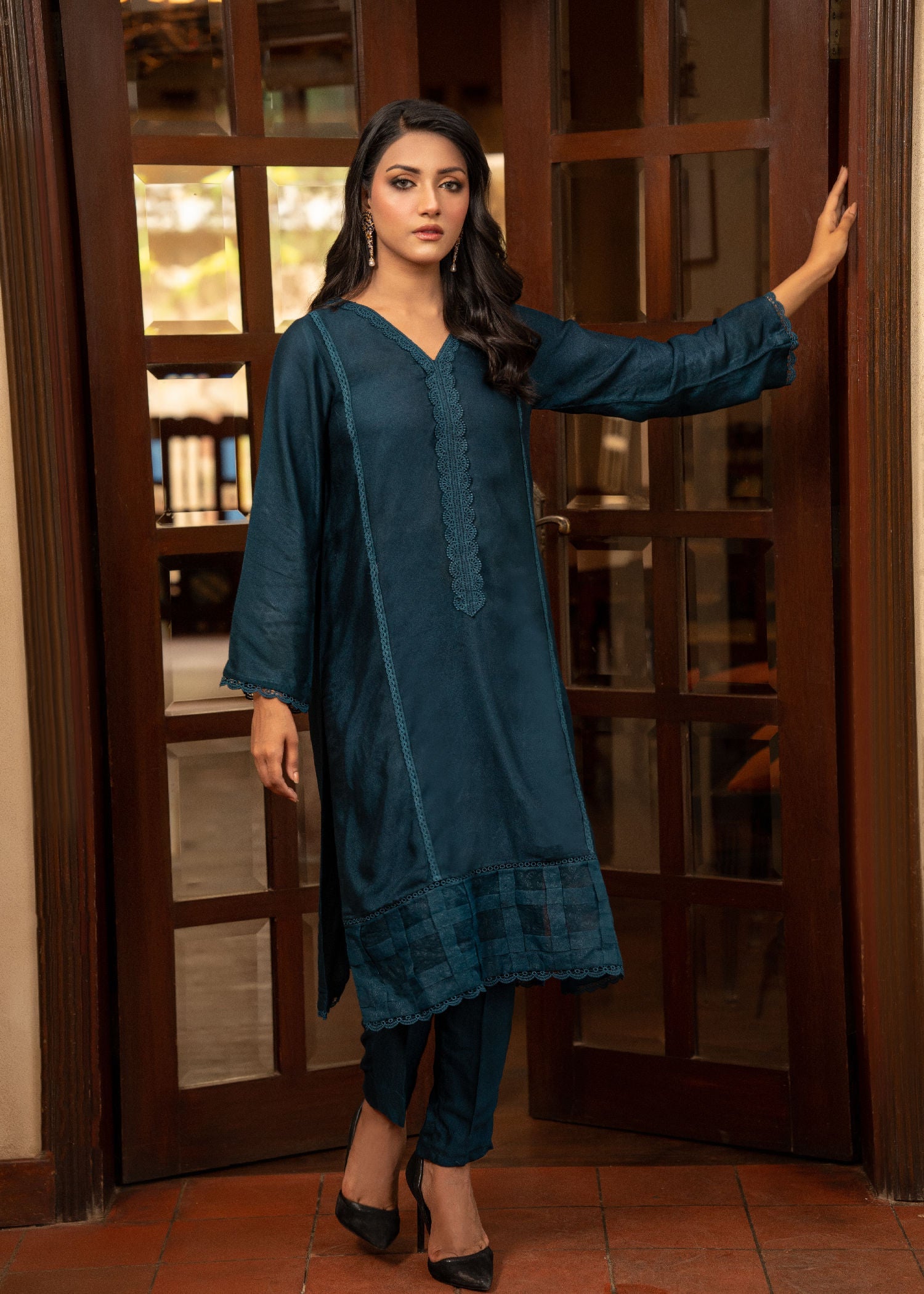 cotton net Kurta Set in Teal