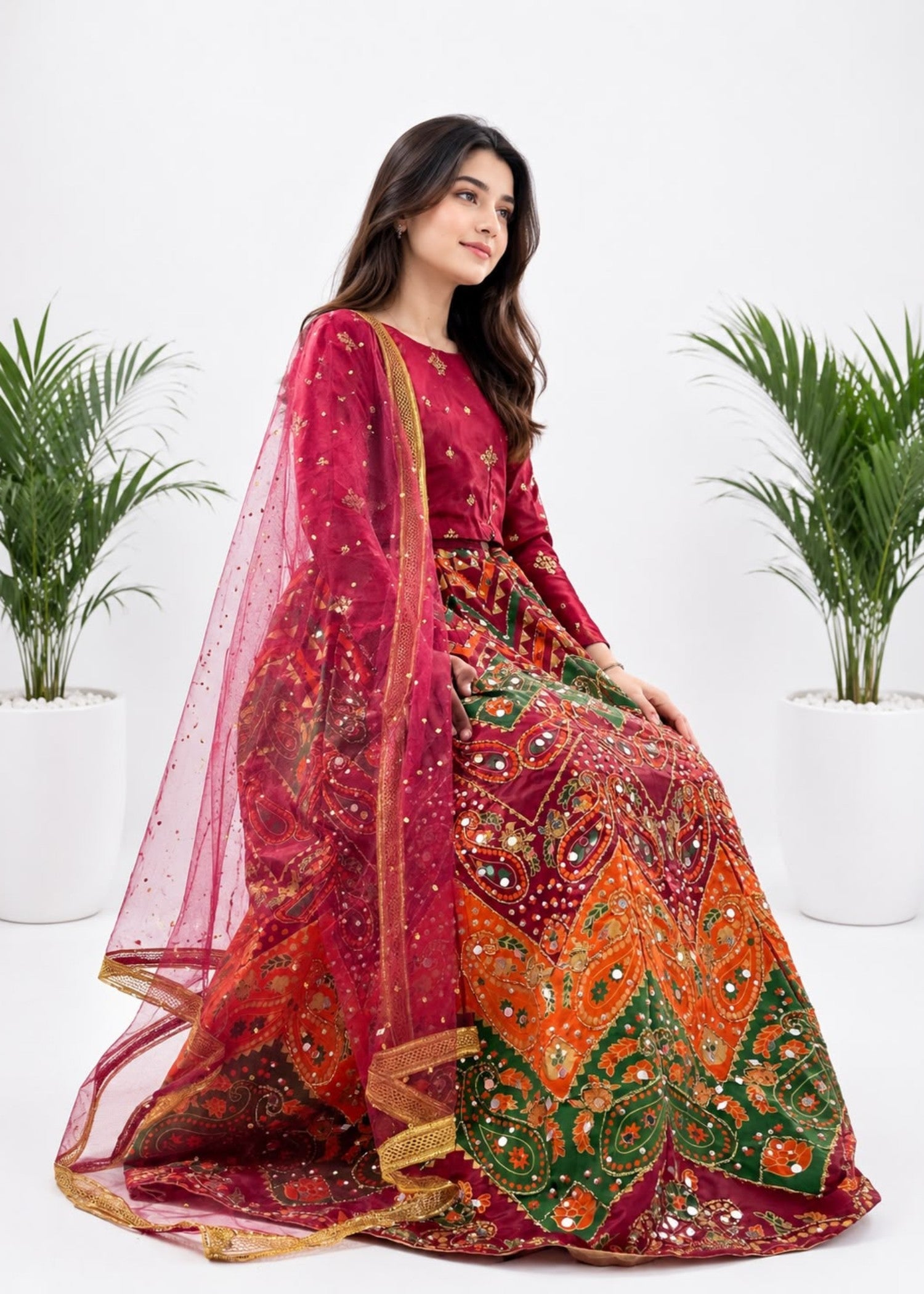 kattan silk Lehenga in Multi, maroon