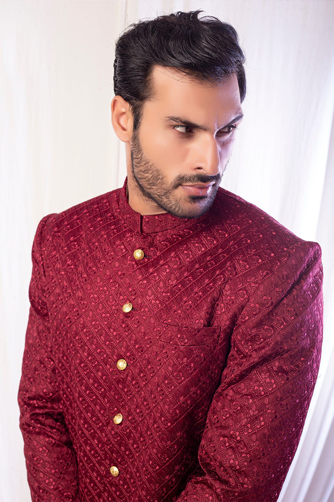 raw silk Sherwani in Maroon