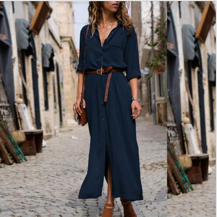 Women's Split Long Dress Skirt - Solid Color, Long Sleeves for Elegant Look