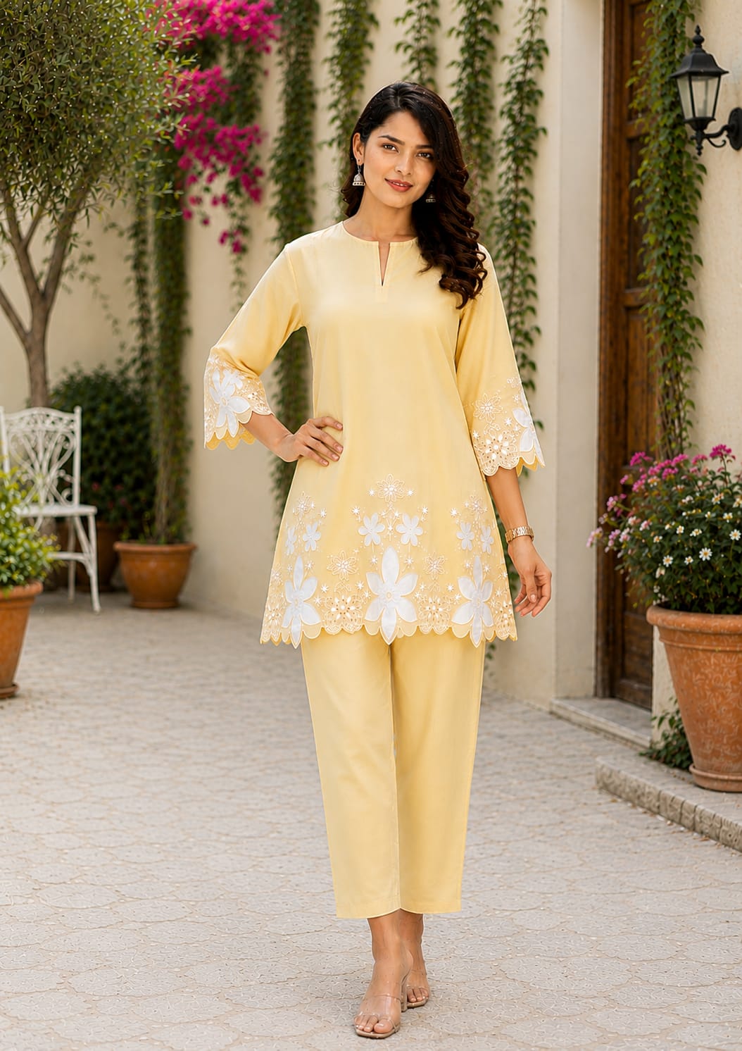 lawn cotton Kurta Set in Lemon