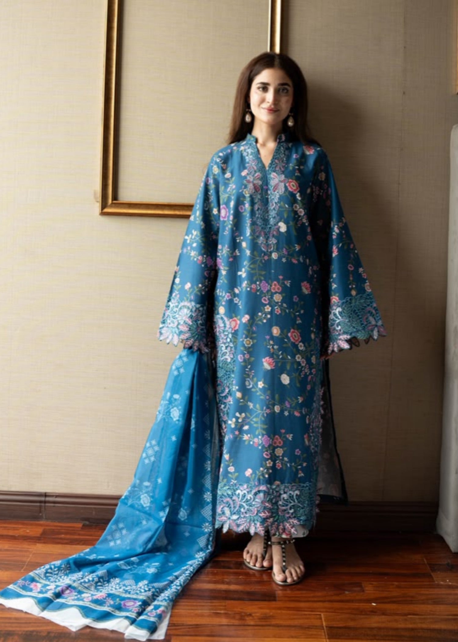 lawn Kurta Set in Navy blue