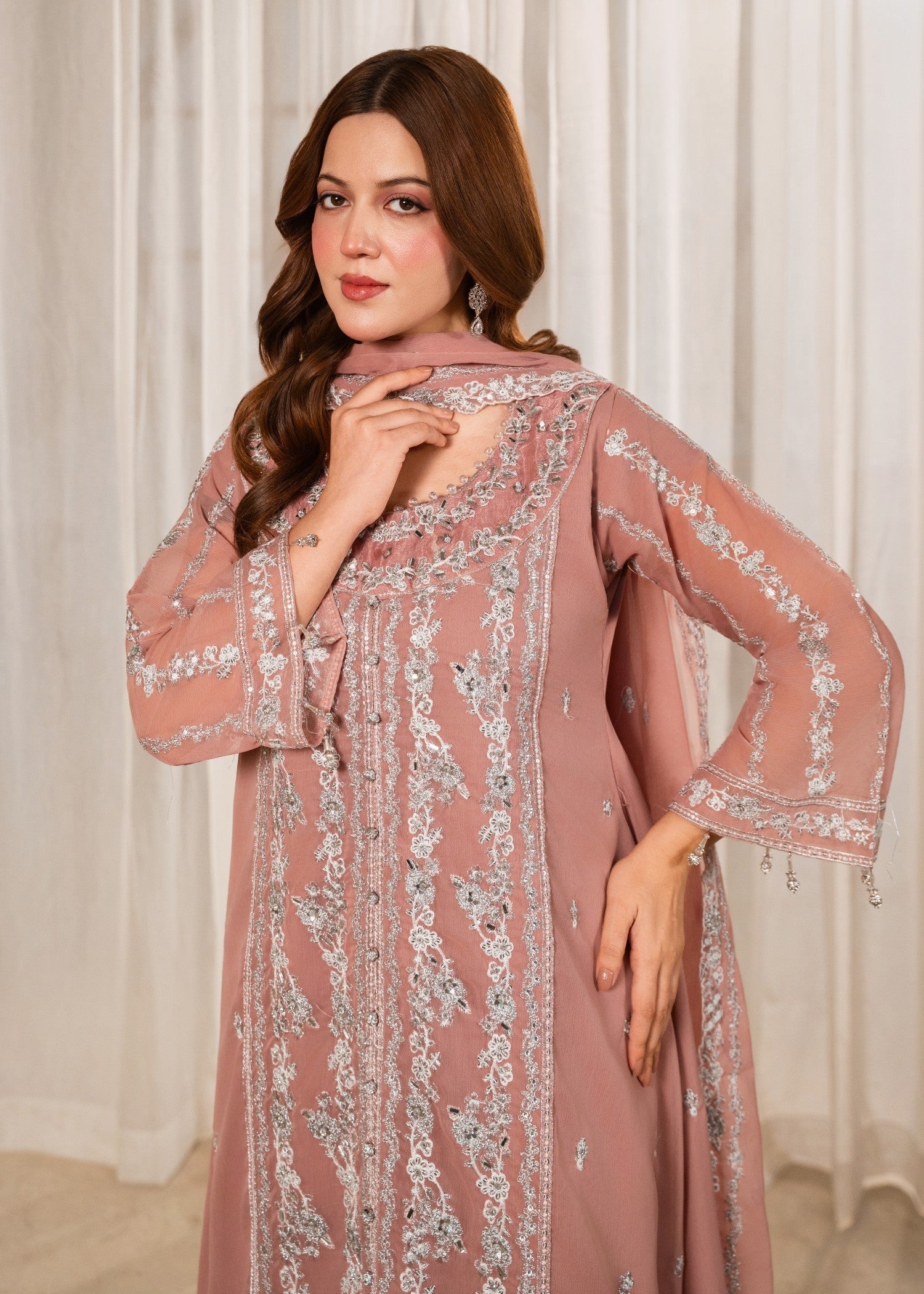 chiffon Pishwas in Mauve pink
