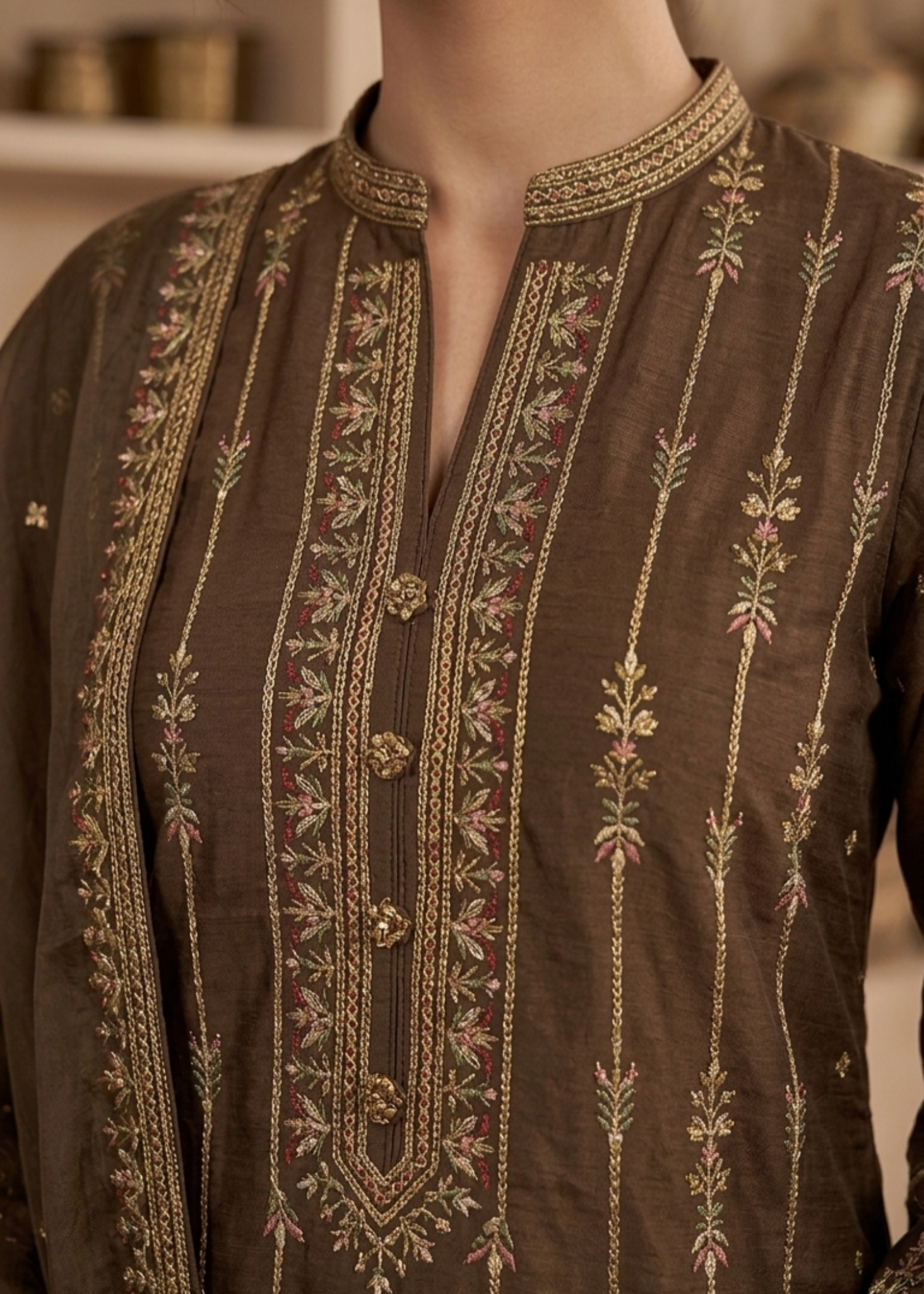 slub khaddar Kurta Set in Golden brown