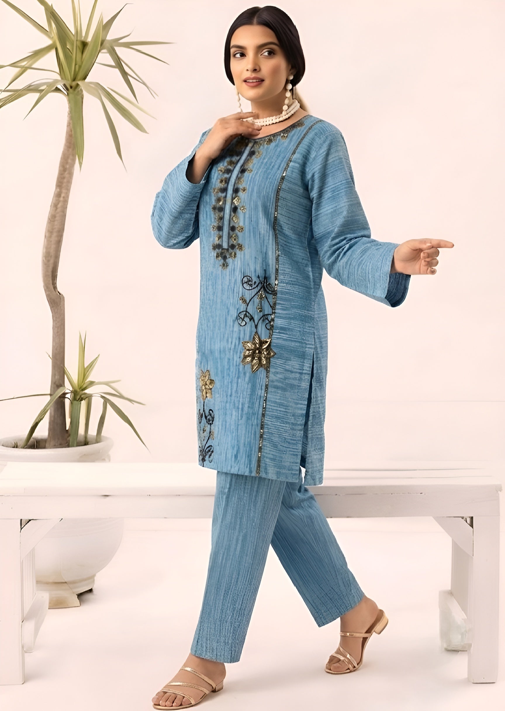 linen Kurta Set in Cornflower blue