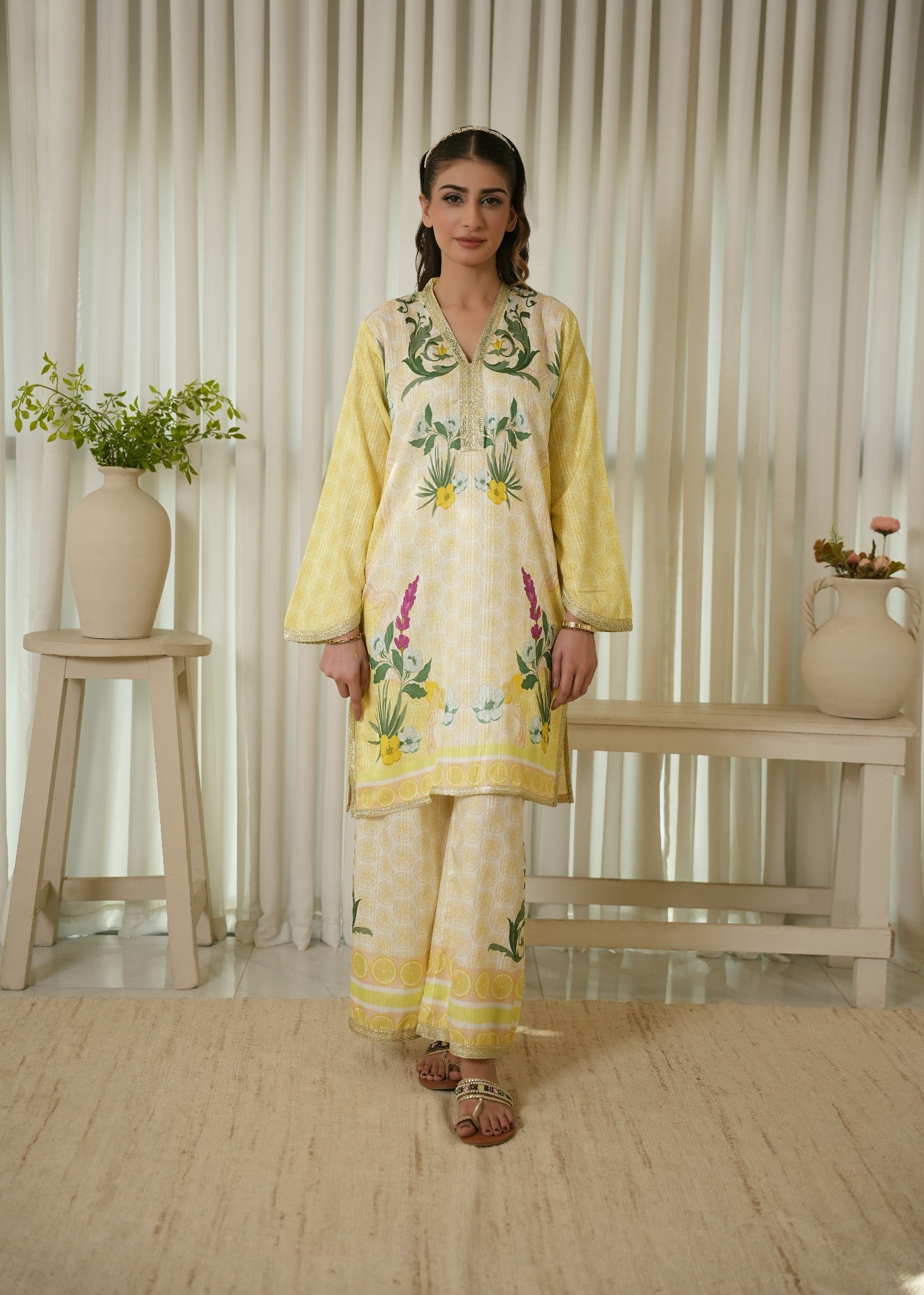 textured lawn Co Ord Sets in Dark green, white, lemon