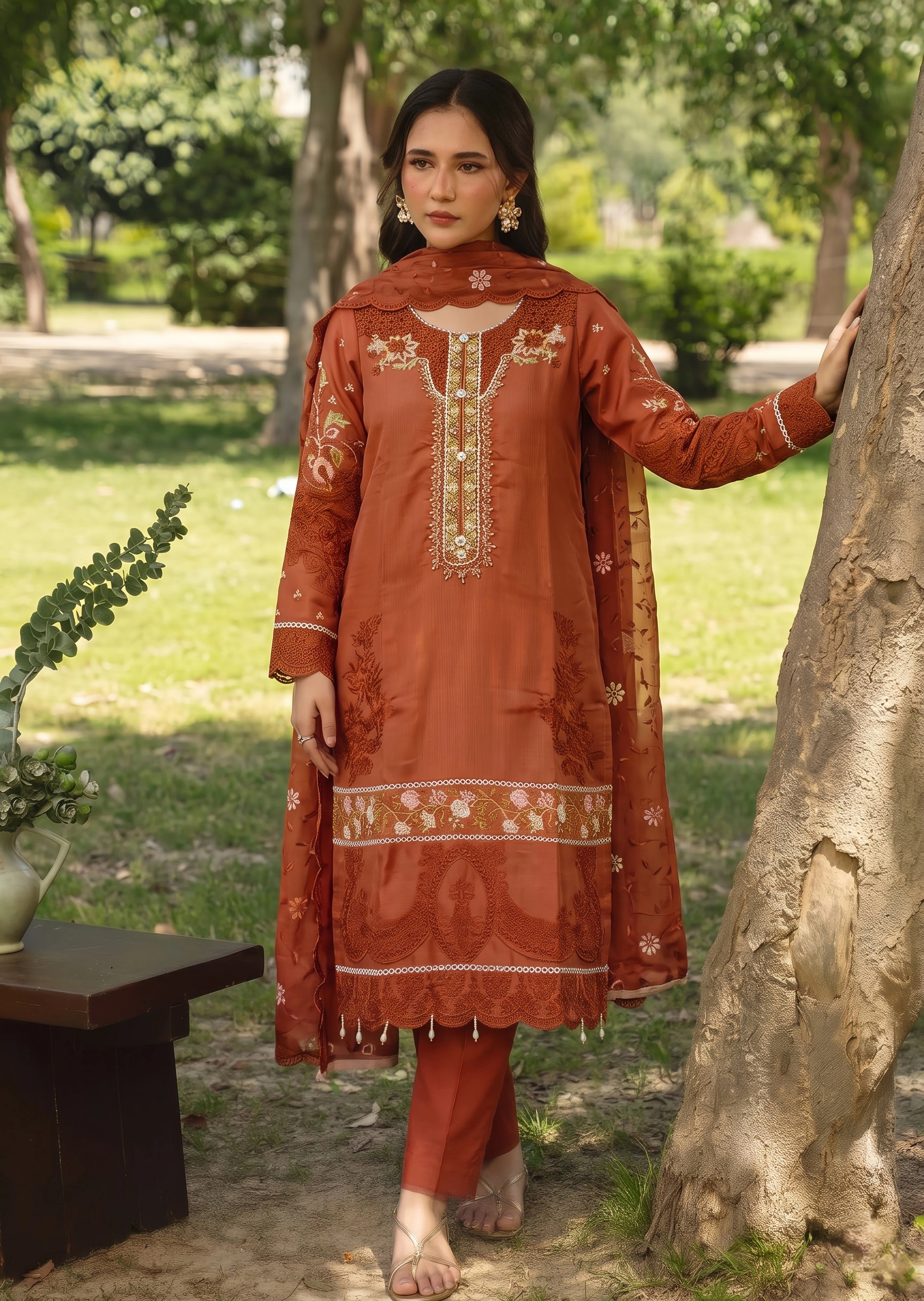 organza Kurta Set in Rust orange