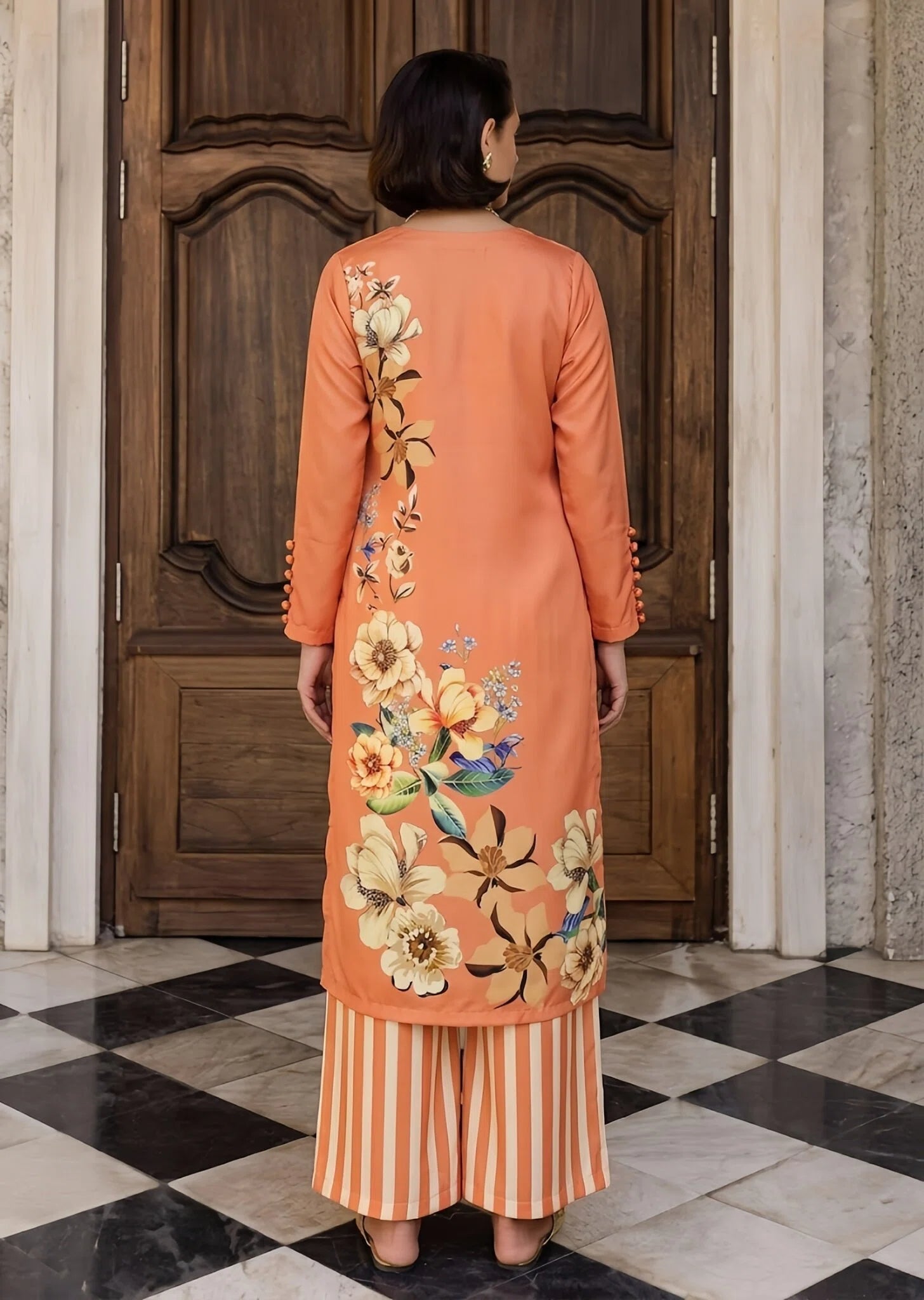 poly lawn Kurta Set in Coral orange
