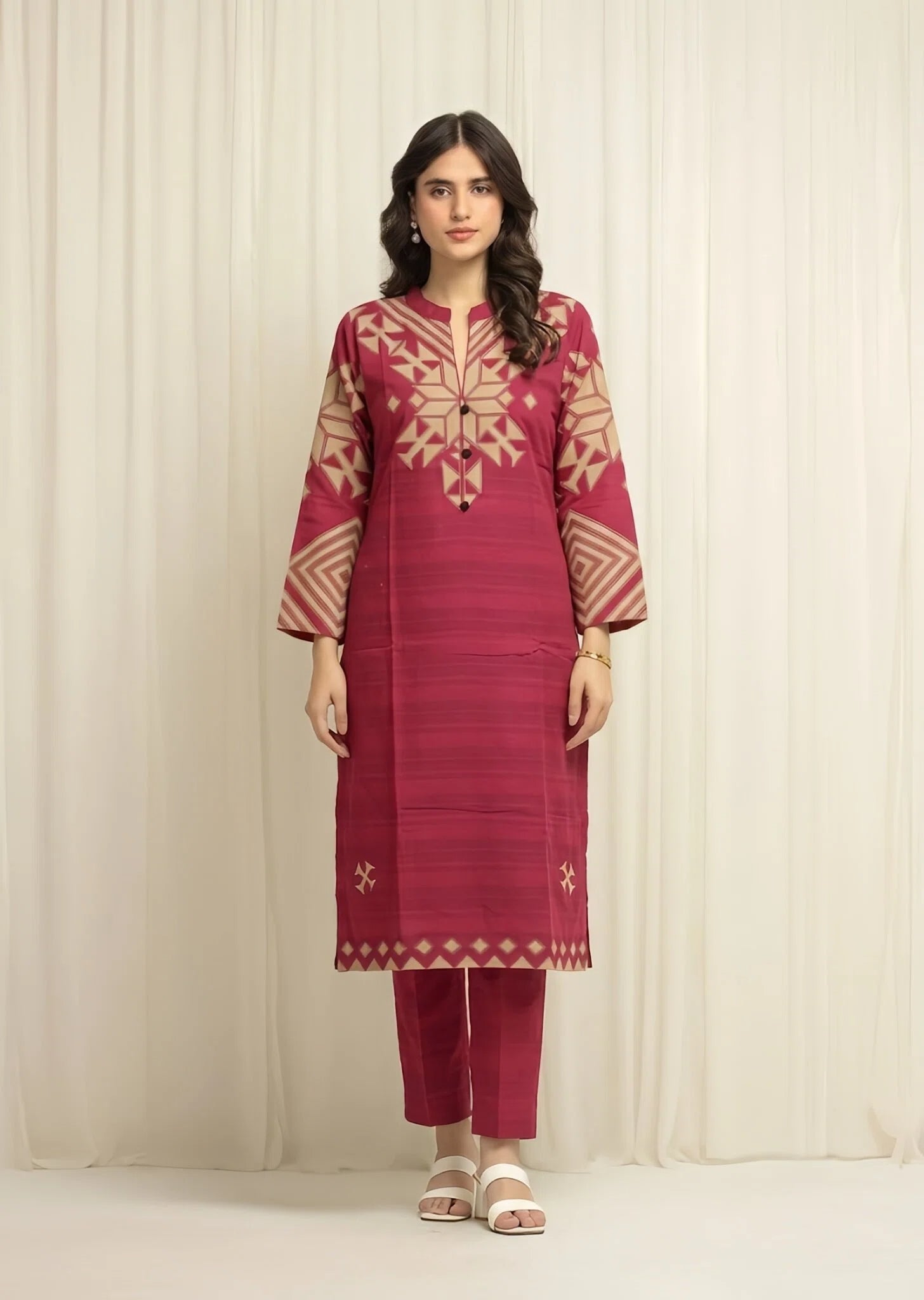poly lawn Kurta Set in Maroon