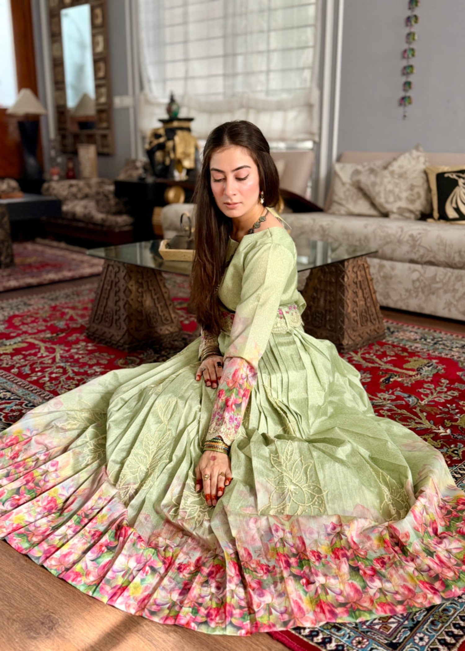 raw silk Maxi in Sage green