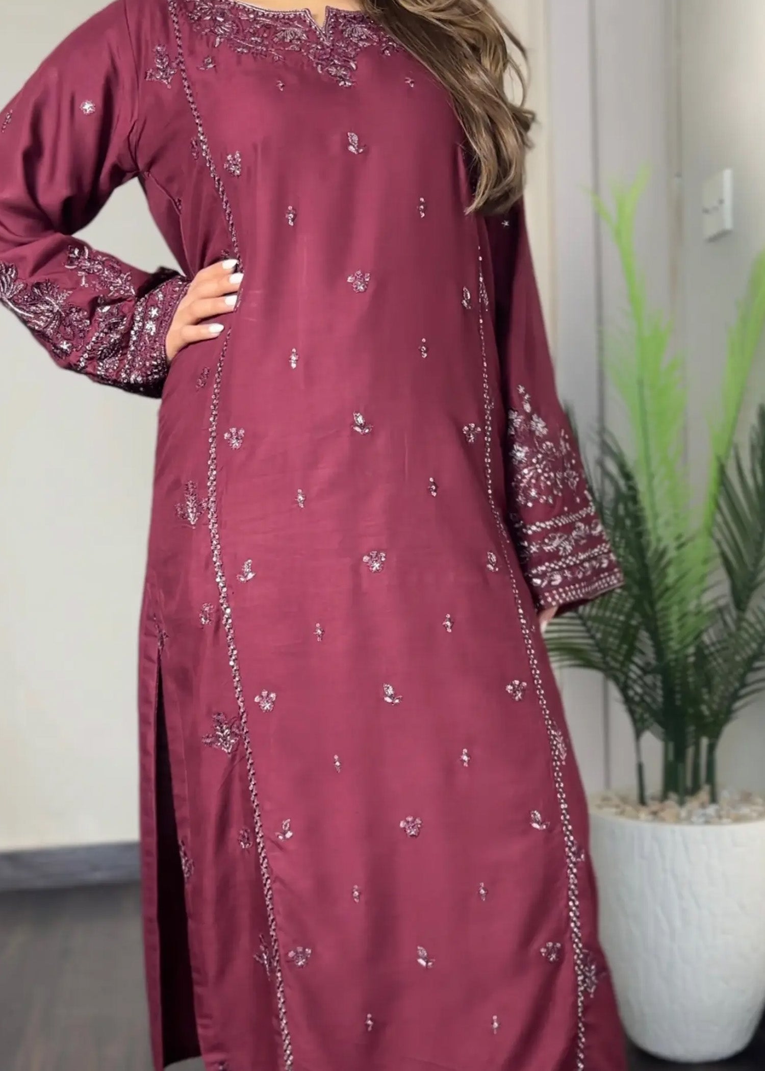 linen Kurta Set in Plum