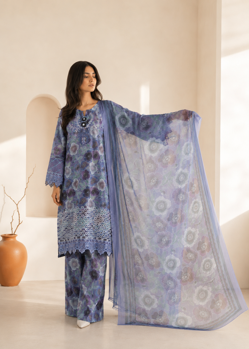 lawn Kurta Set in Teal, steel teal, shadow blue
