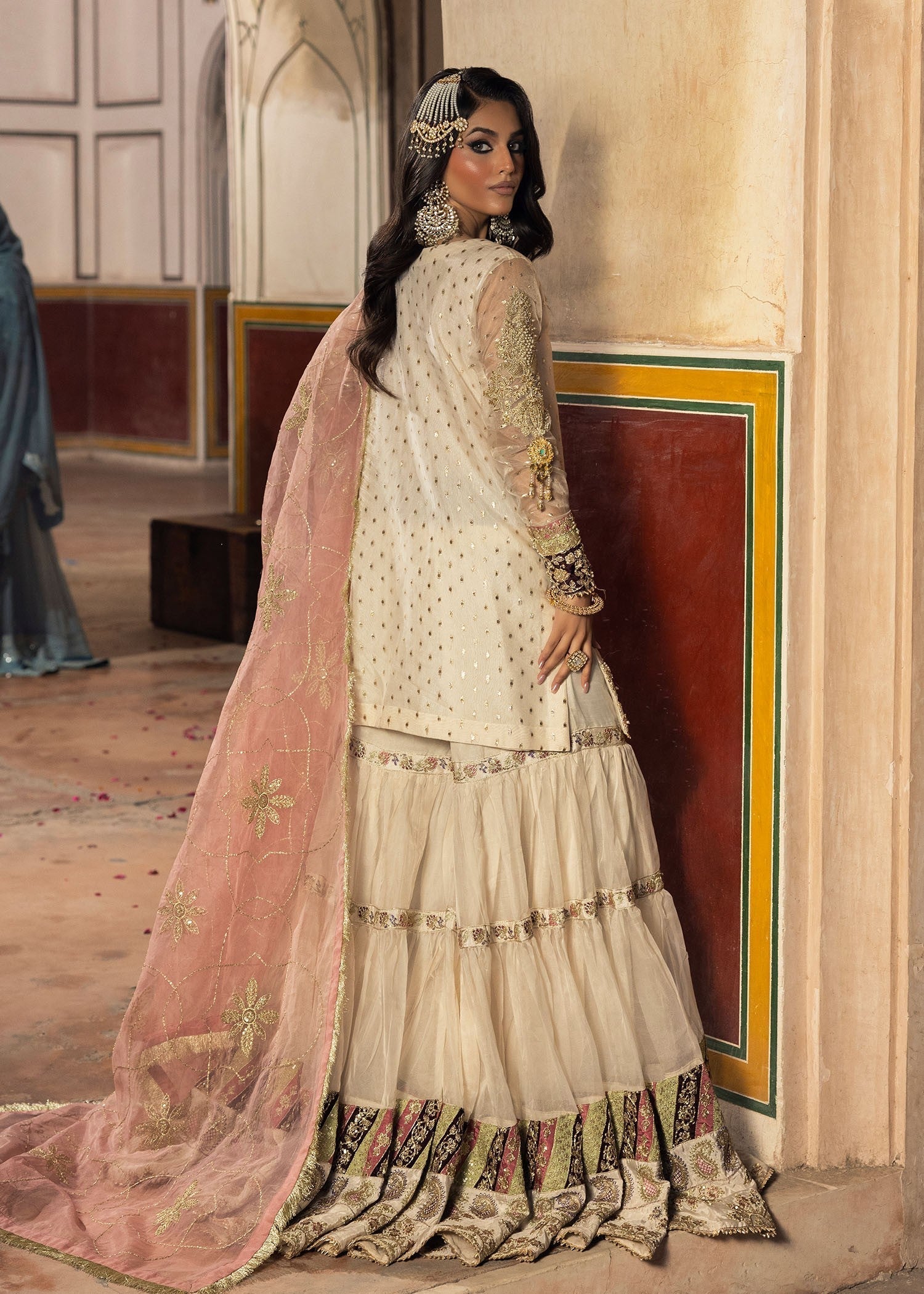 organza Gharara in Ivory