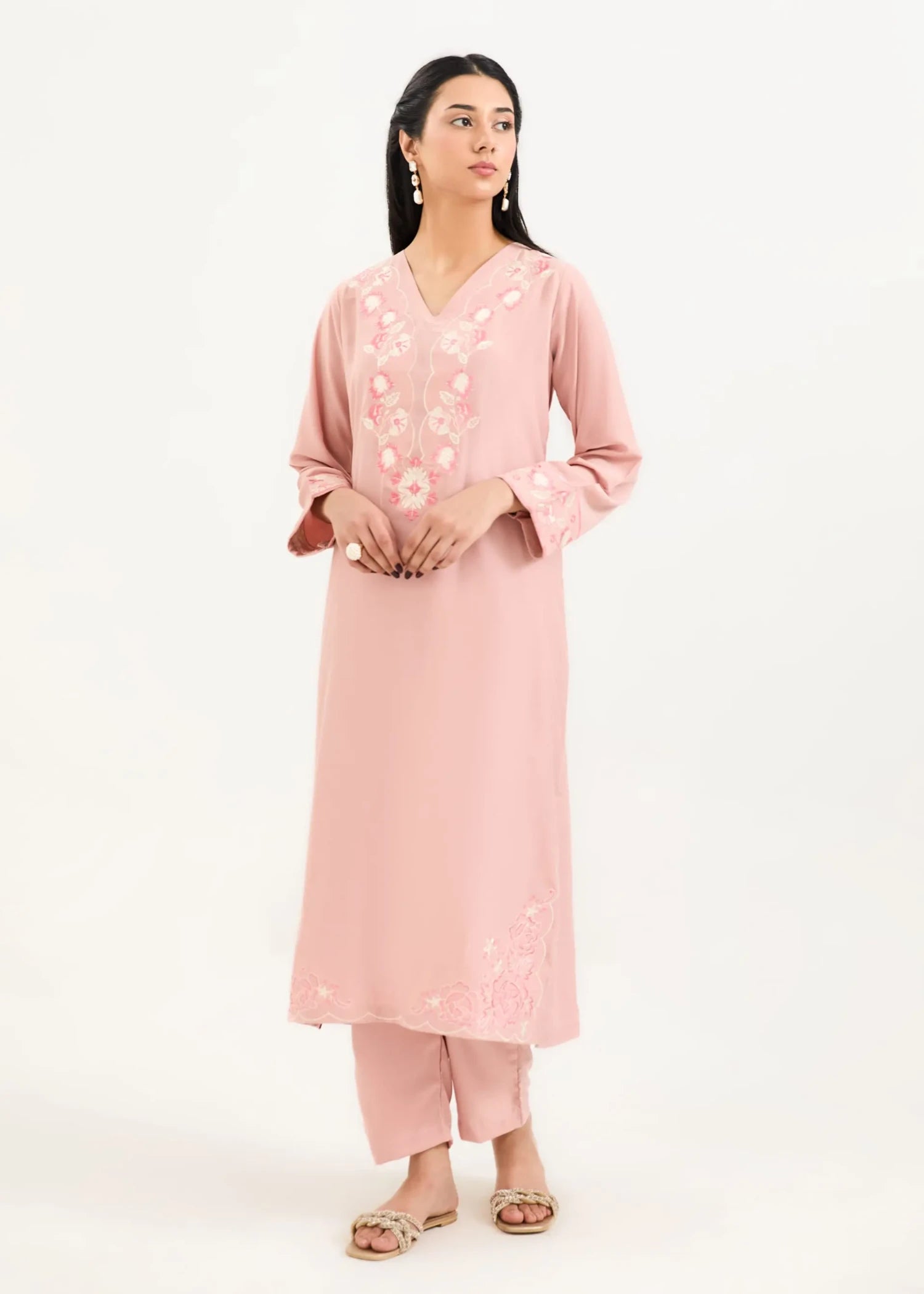 cambric Kurta Set in Rose pink