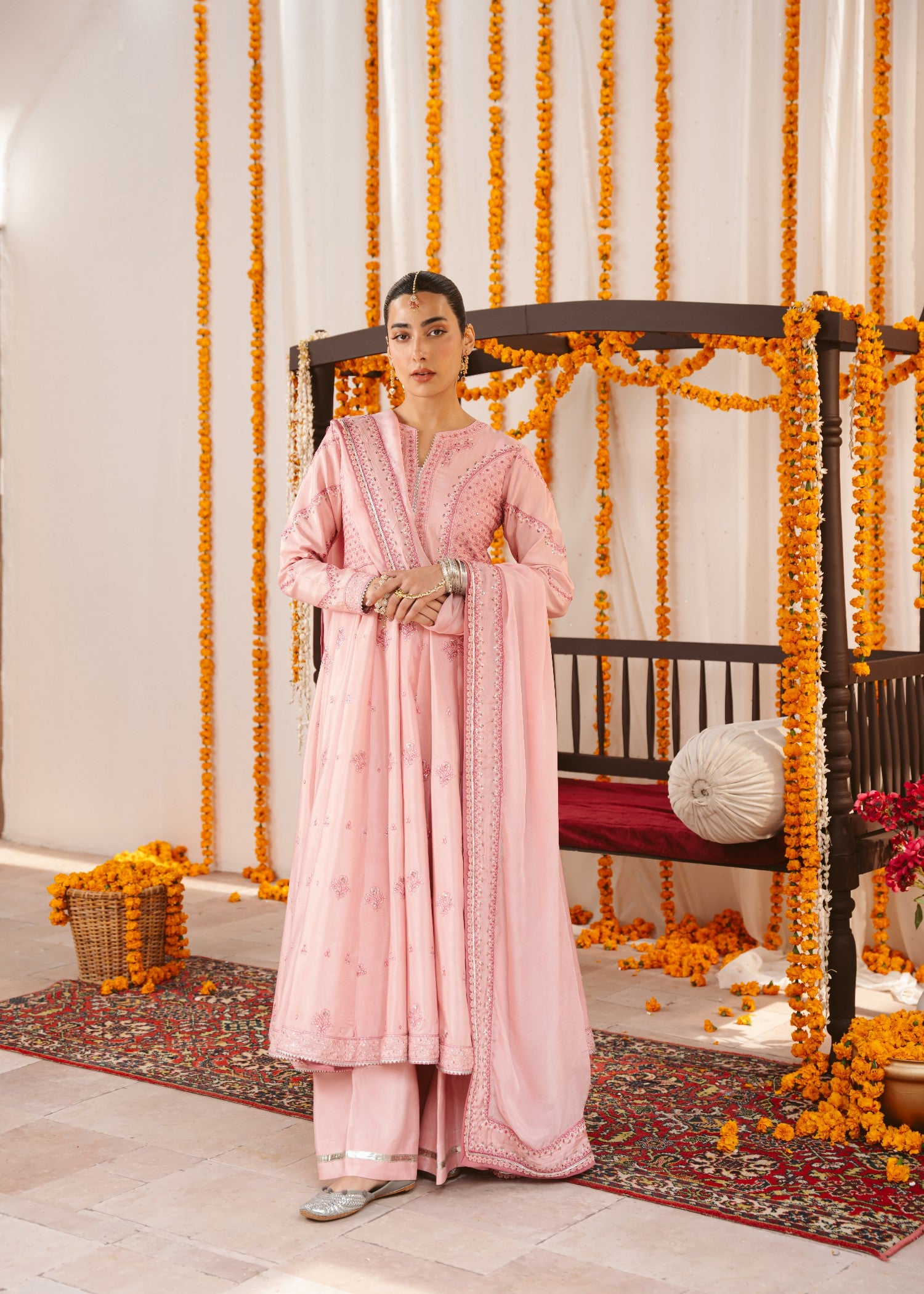 raw silk Pishwas in Pastel pink