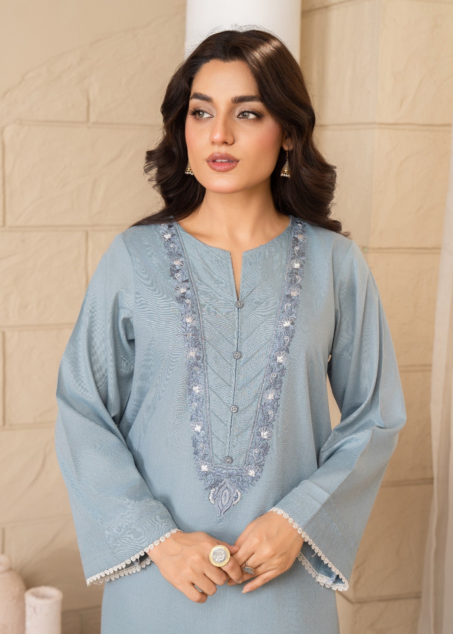 slub cambric Kurta Set in Frost blue