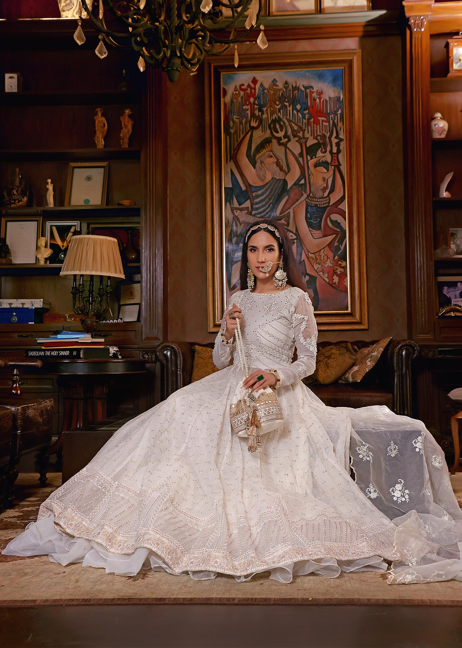 cotton karandi Pishwas in Ivory