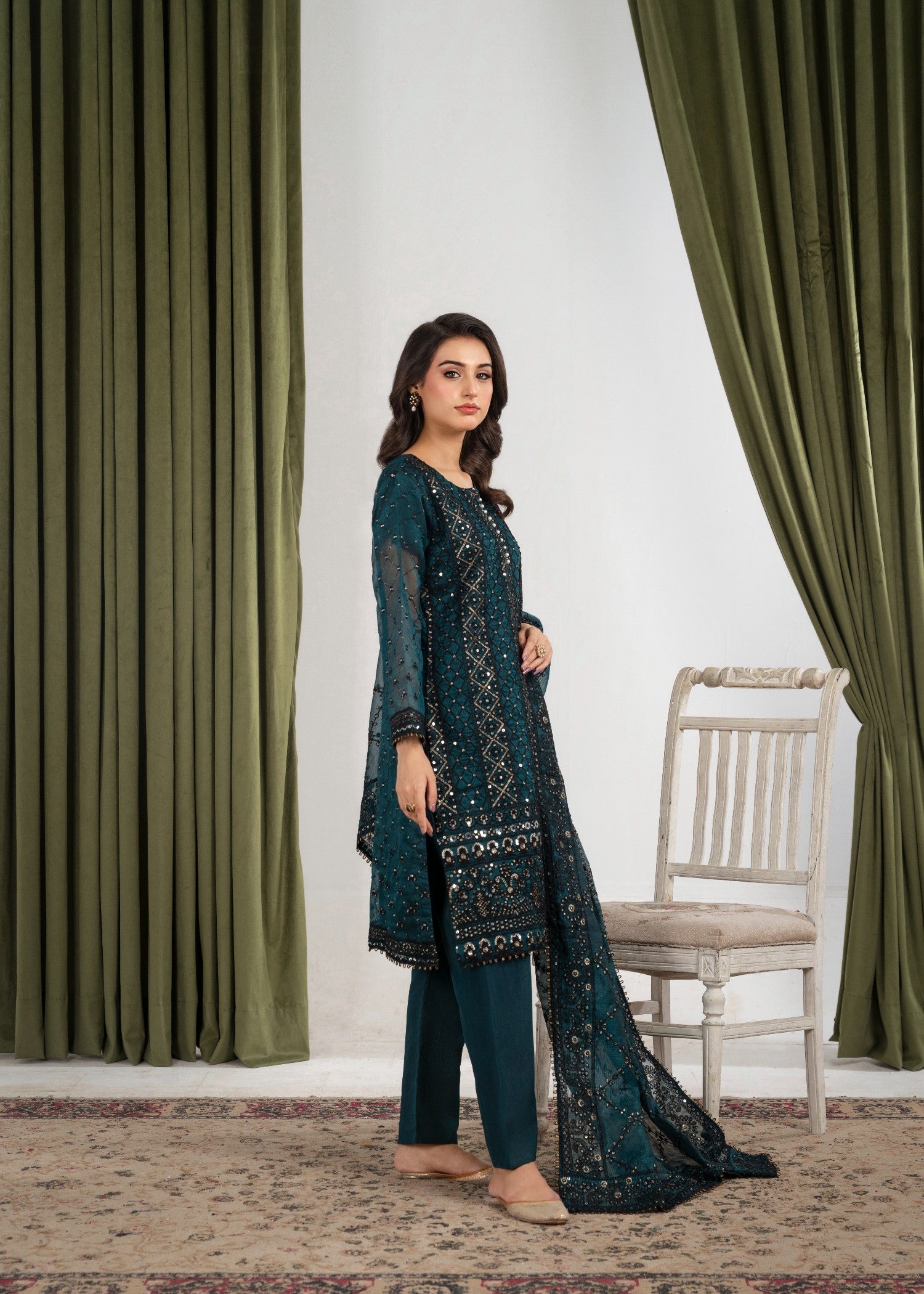 khaddi net Kurta Set in Bottle green