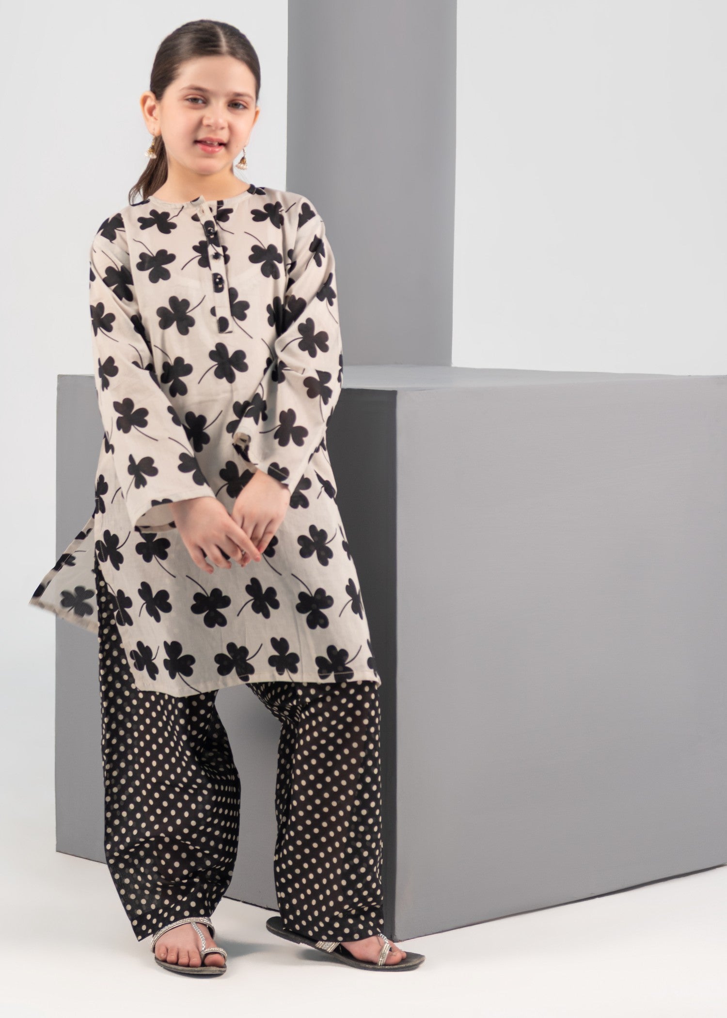 poly lawn Kurta Set in Black, beige