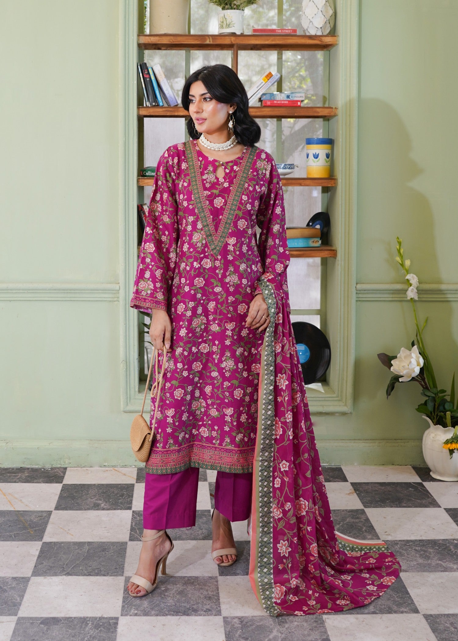 dobby Kurta Set in Berry red