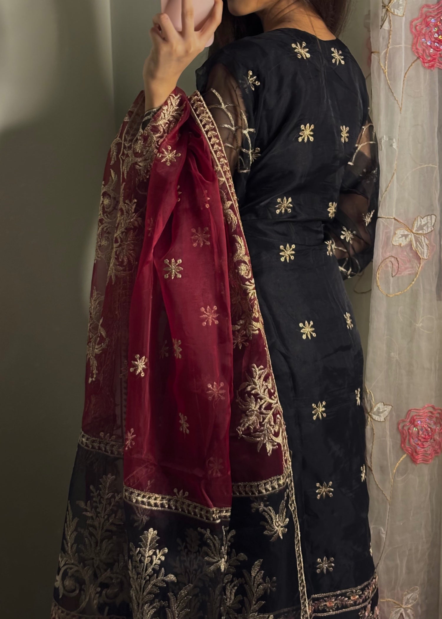 organza Sharara in Maroon, black