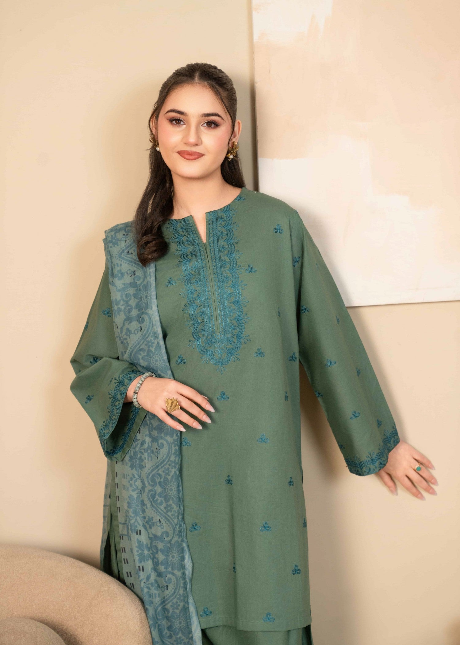 lawn cotton Kurta Set in Sage green