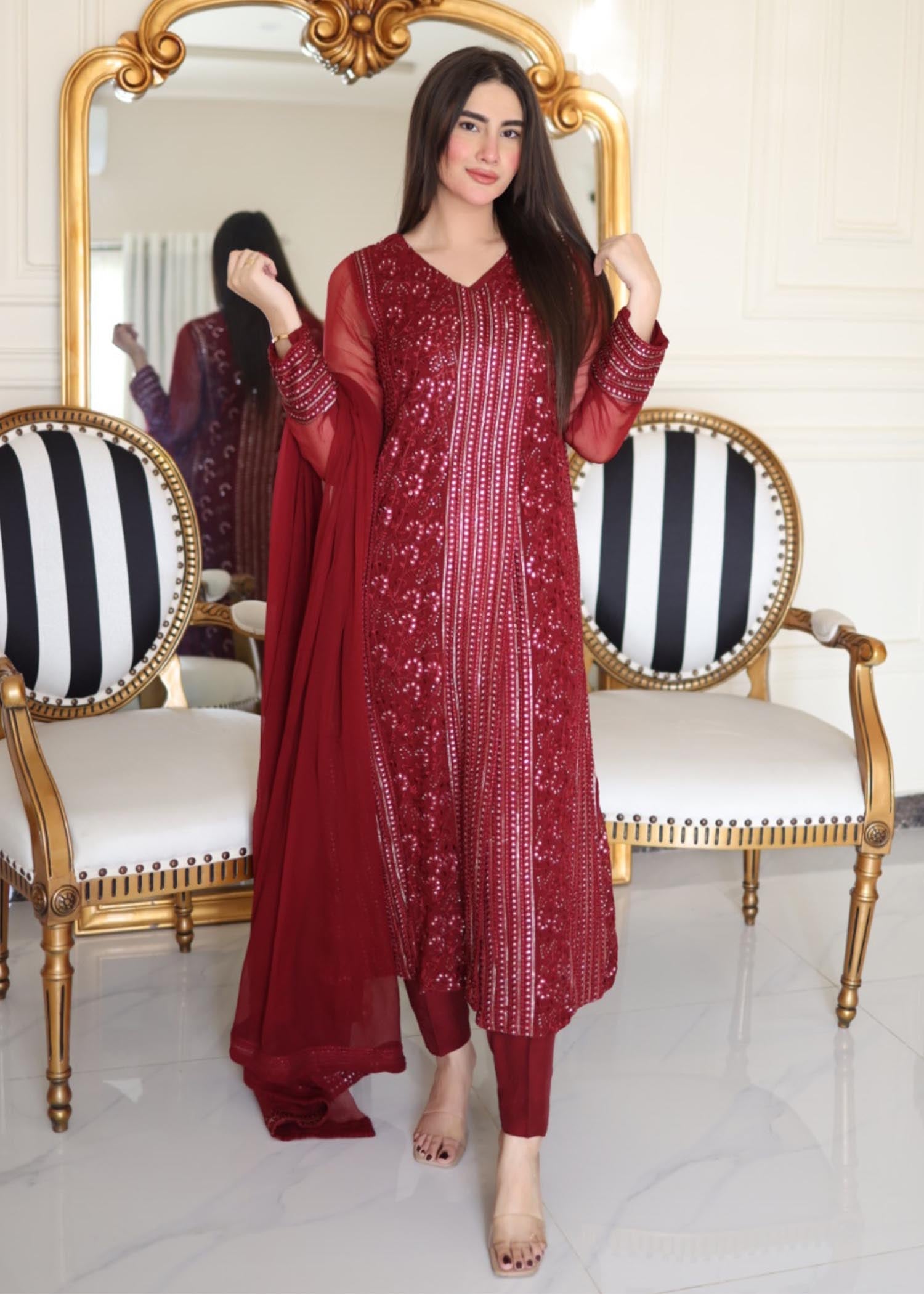 chikankari cotton Angrakha in Maroon
