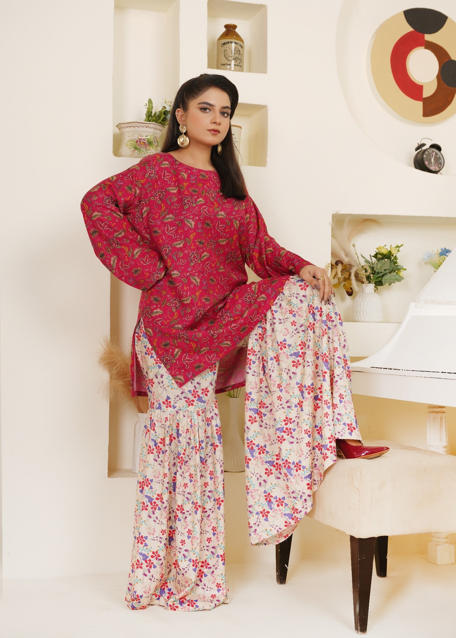 peach wool Gharara in Milk, deep pink