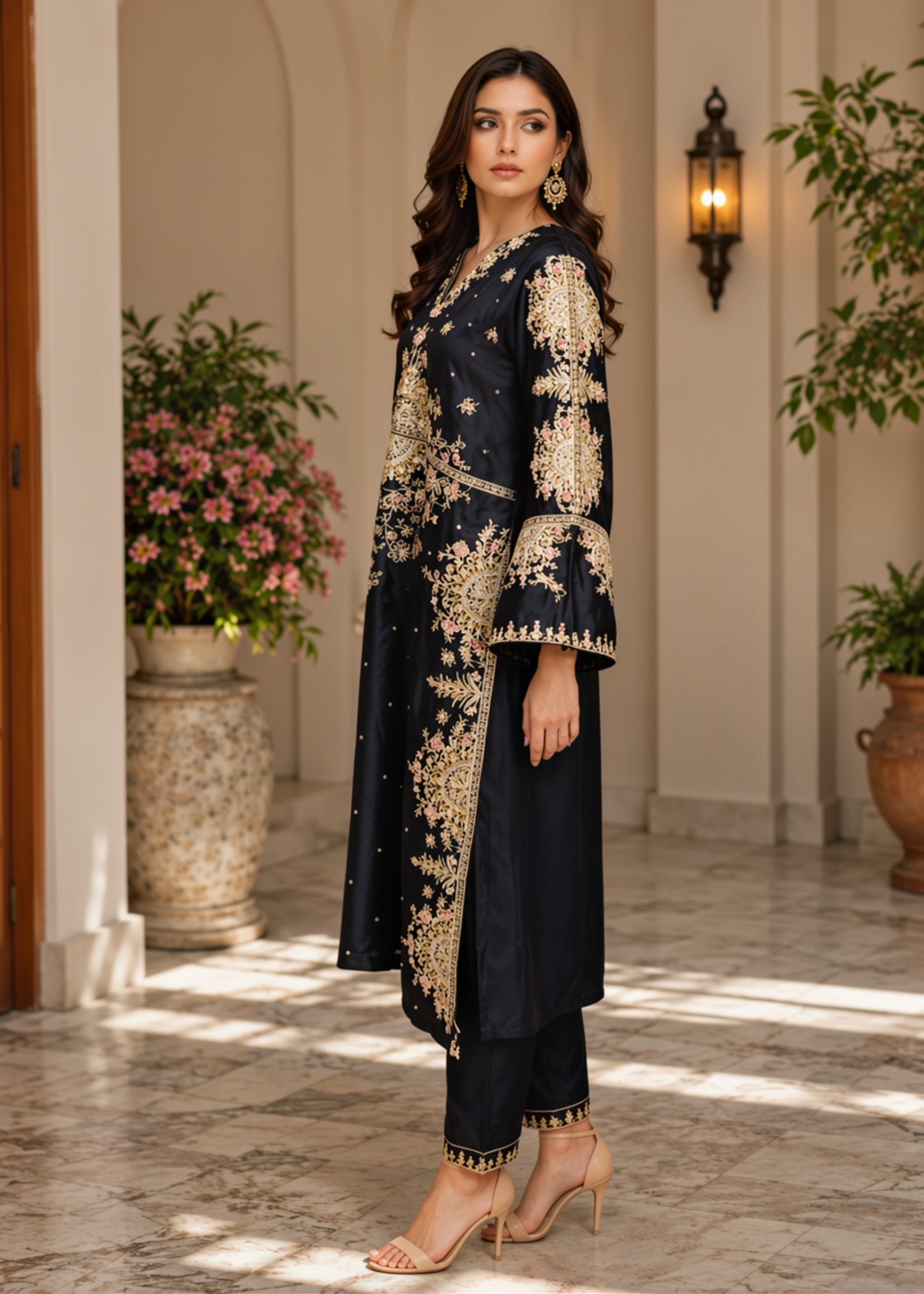 silk charmeuse Kaftan in Black