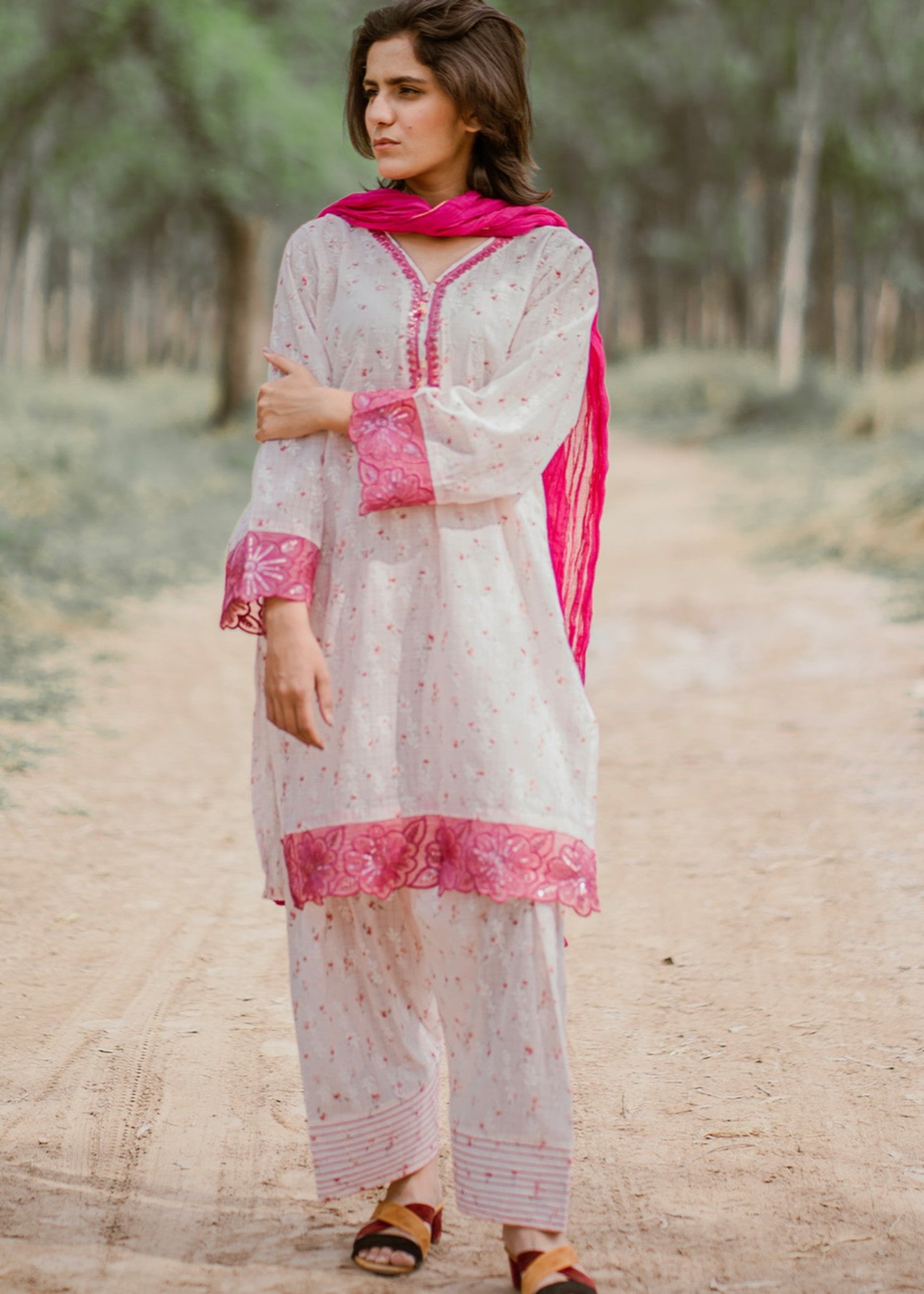 swiss lawn Co Ord Sets in White, tea rose pink