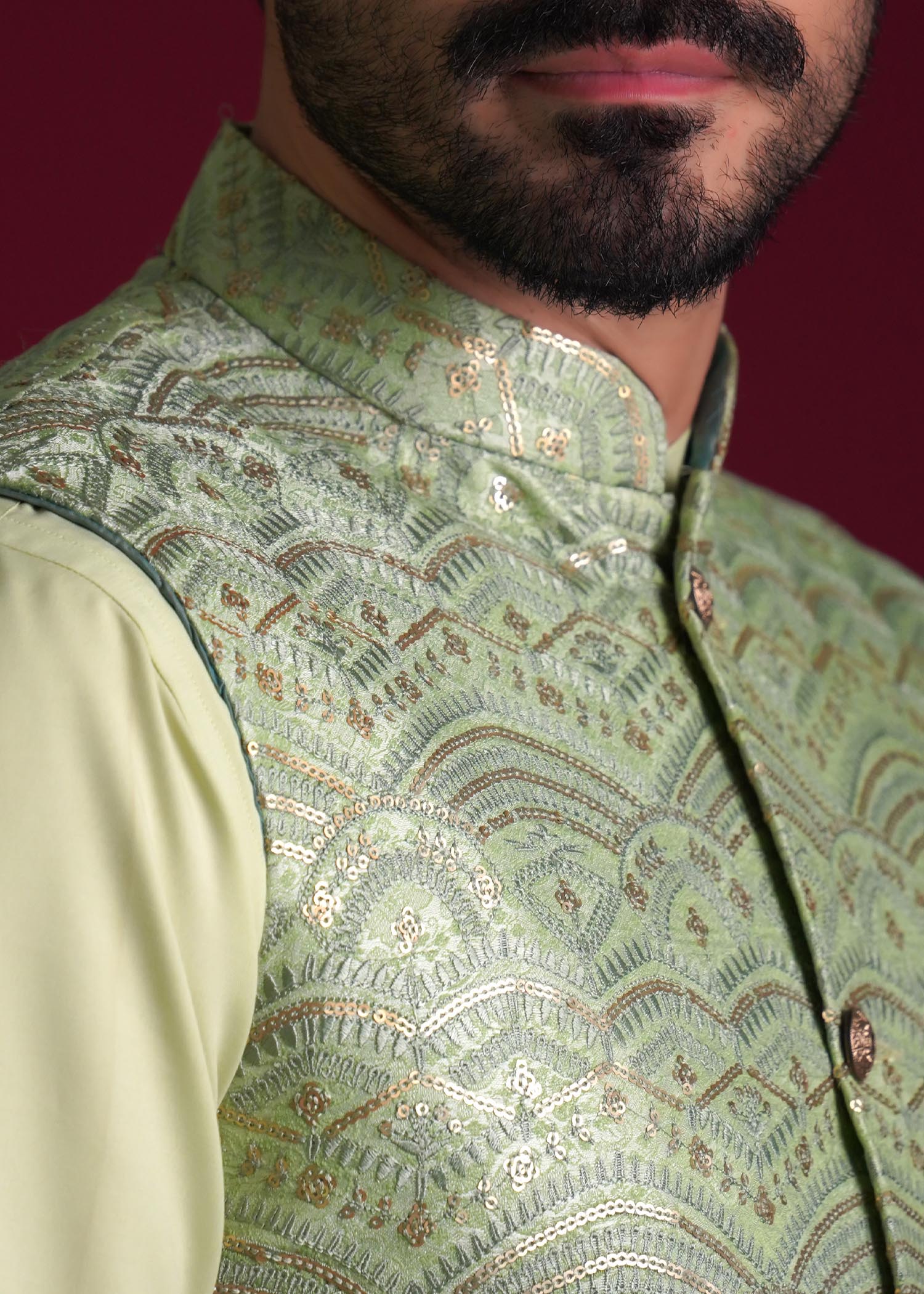 raw silk Waistcoat in Pistachio green