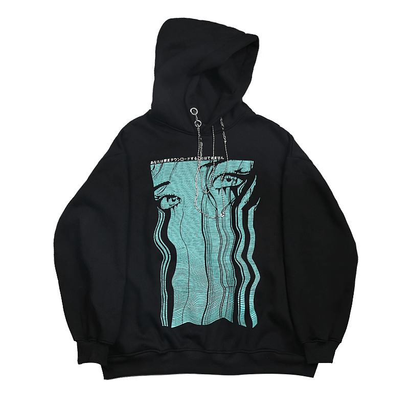 Retro Teary Geometric Print Hip Hop plus Fleece Hooded Sweatshirt