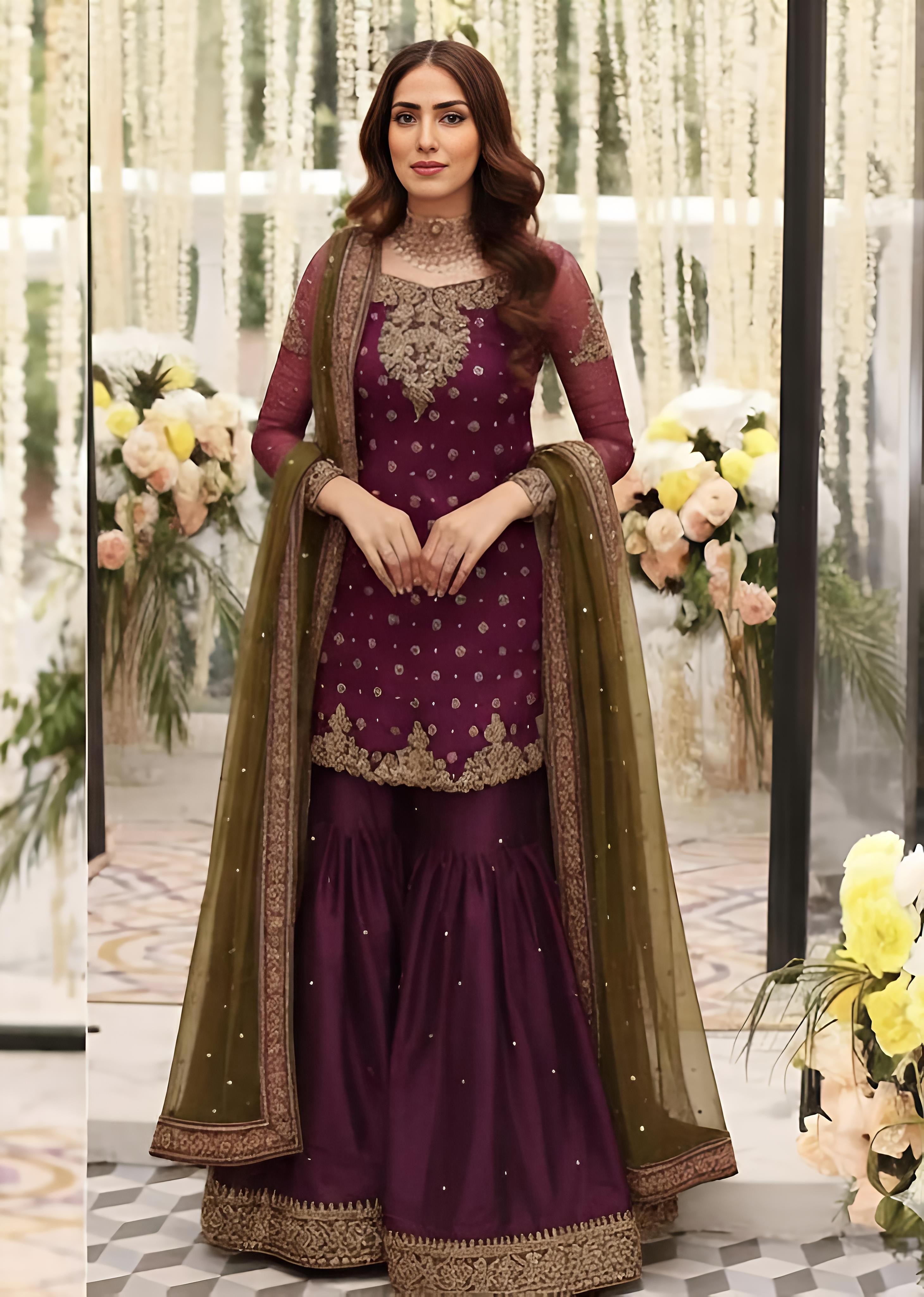 chiffon Gharara in Plum