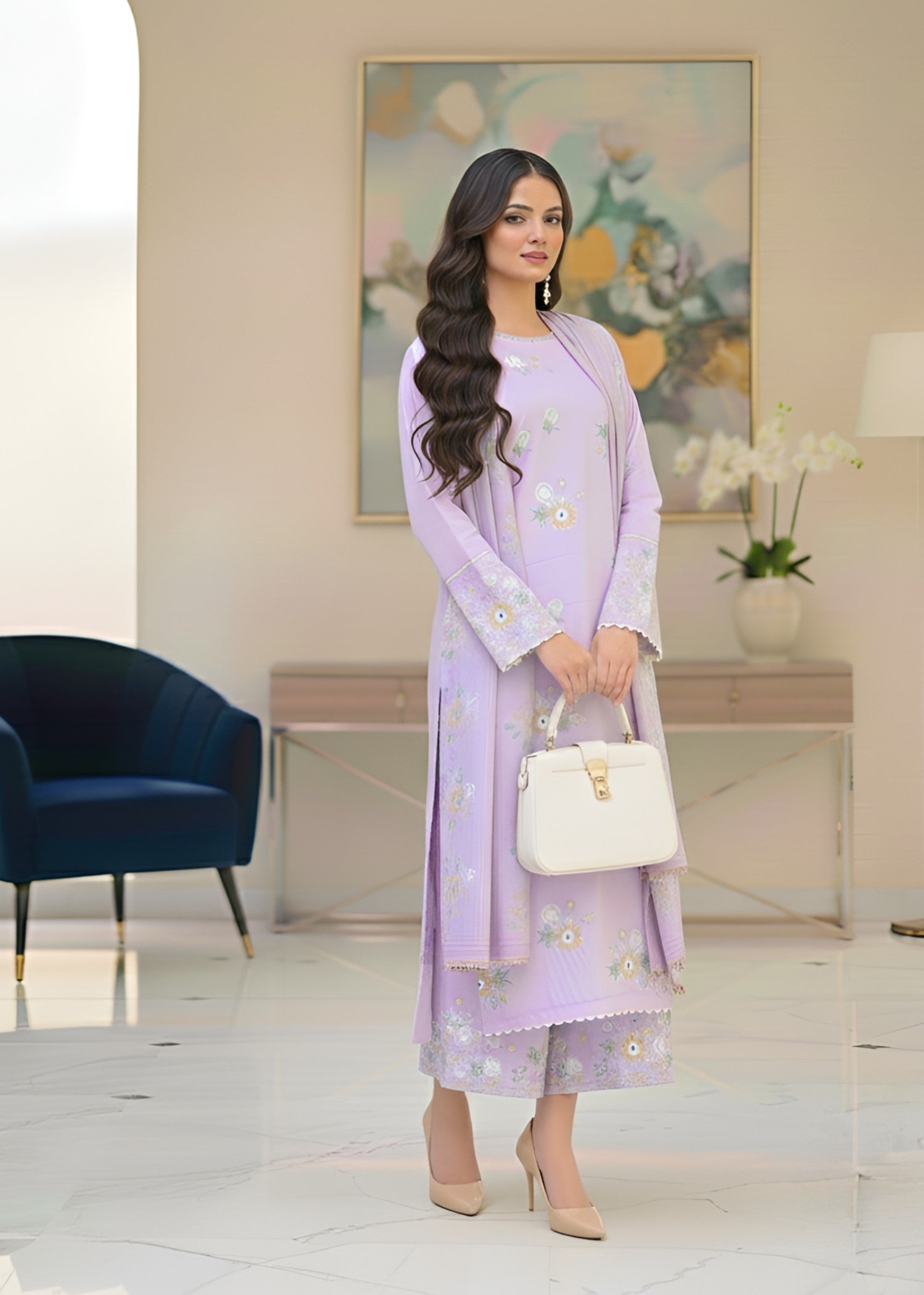 cambric Kurta Set in Lavender mist