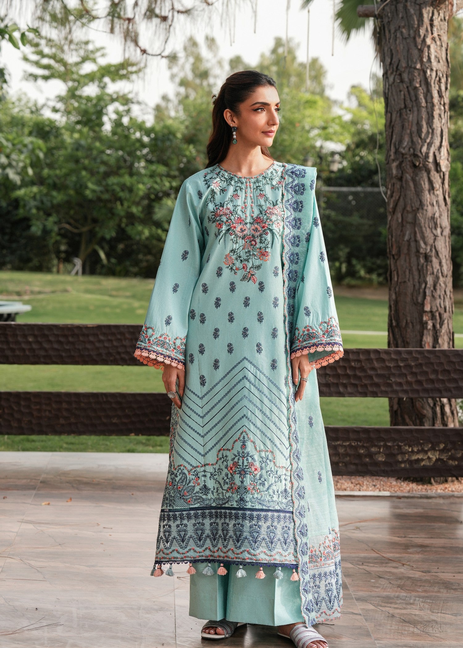 cotton Kurta Set in Navy blue, pastel green