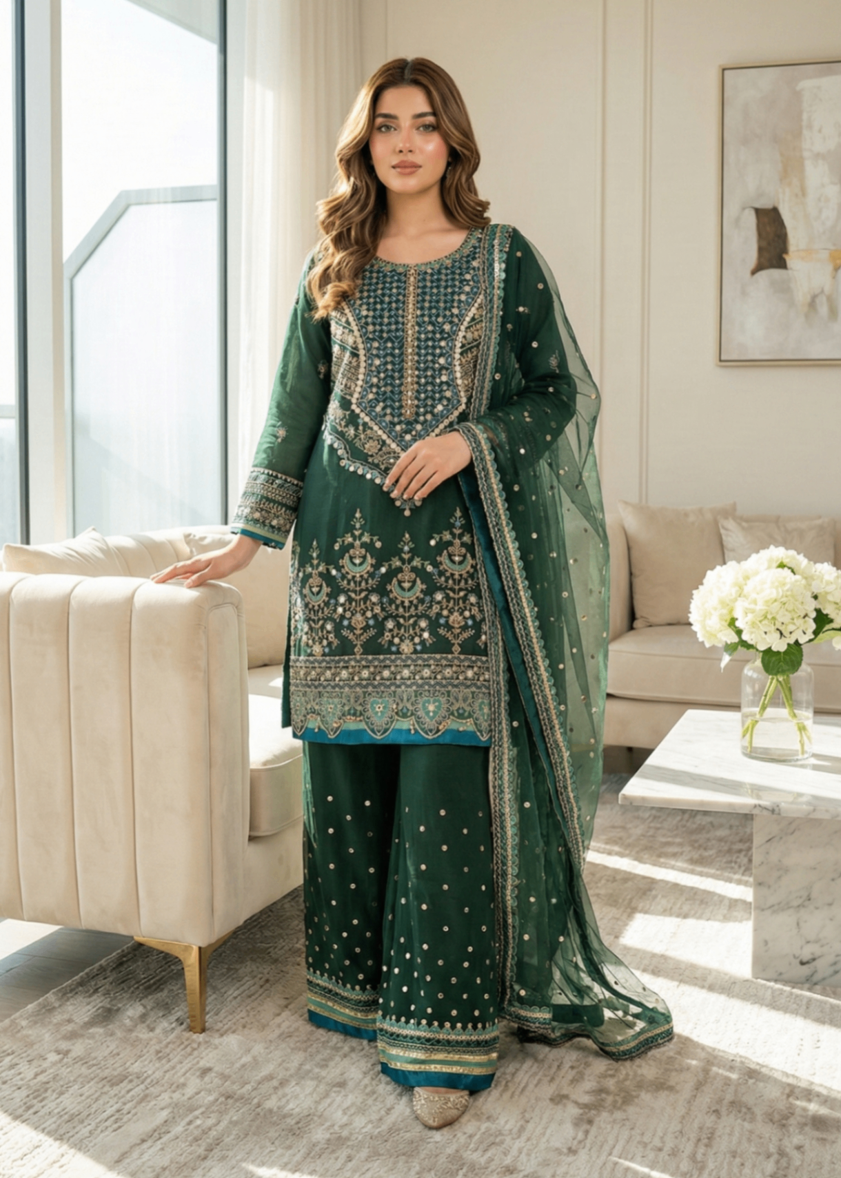organza Kurta Set in Bottle green