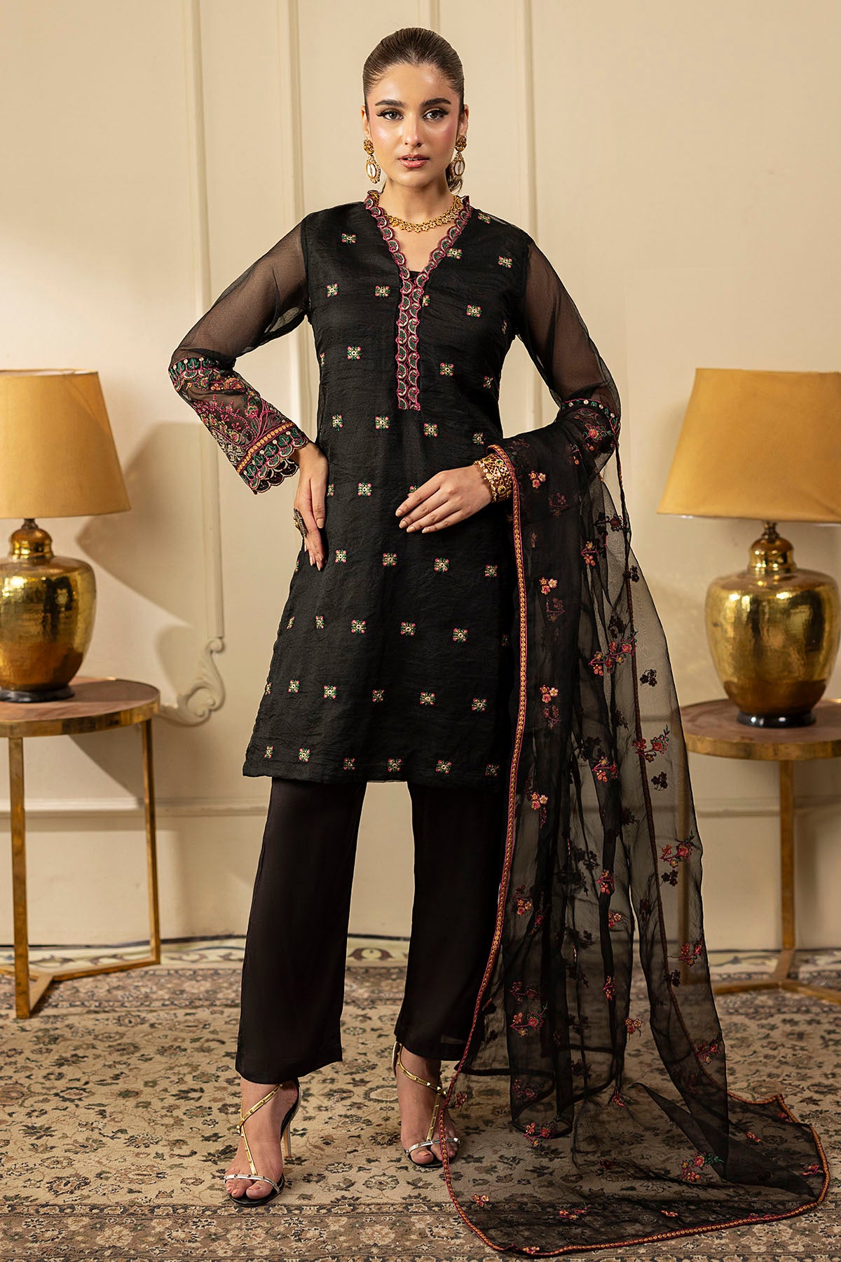 silk cotton net Kurta Set in Black