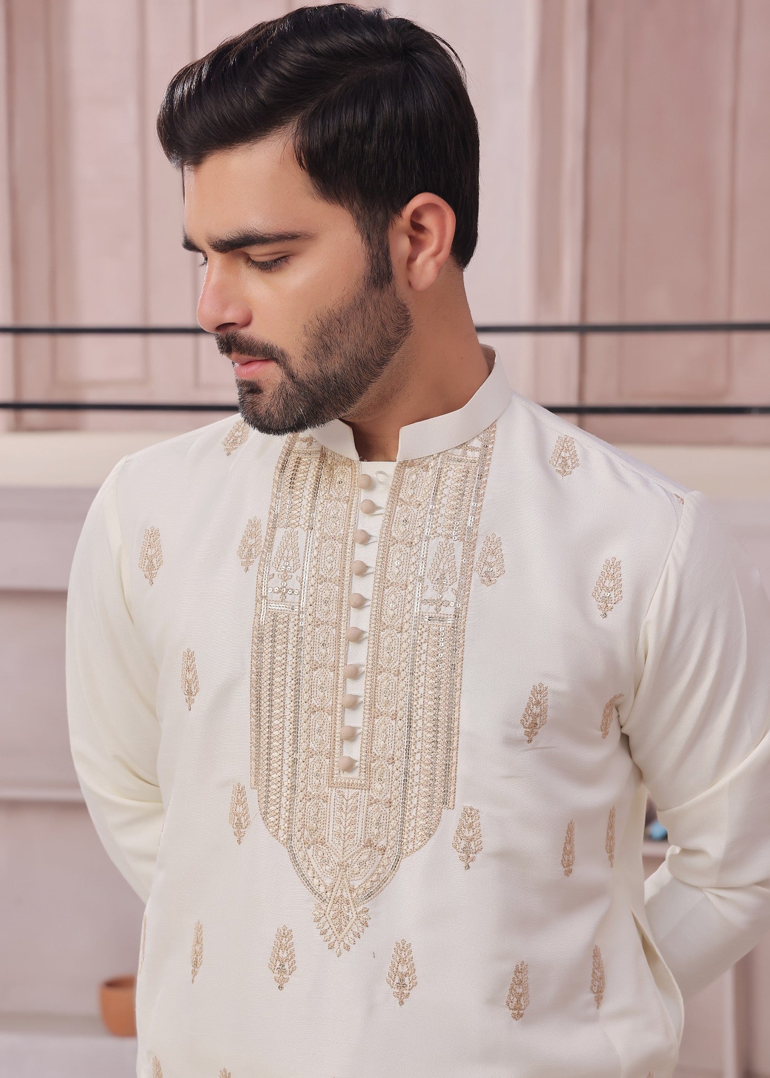raw silk Kurta Set in Beige by The Great Masters (TGM)