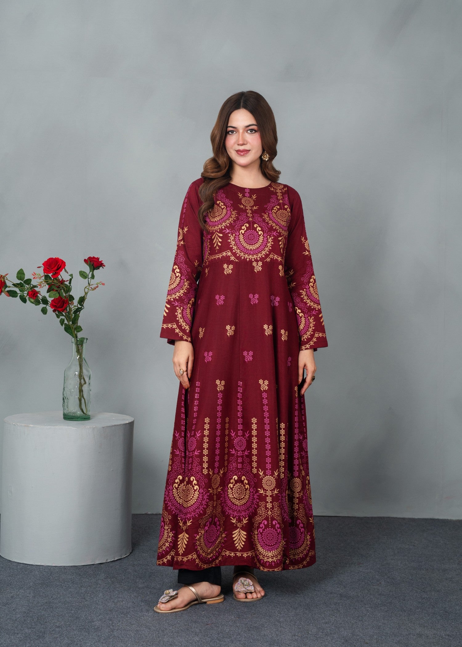 linen Anarkali in Maroon
