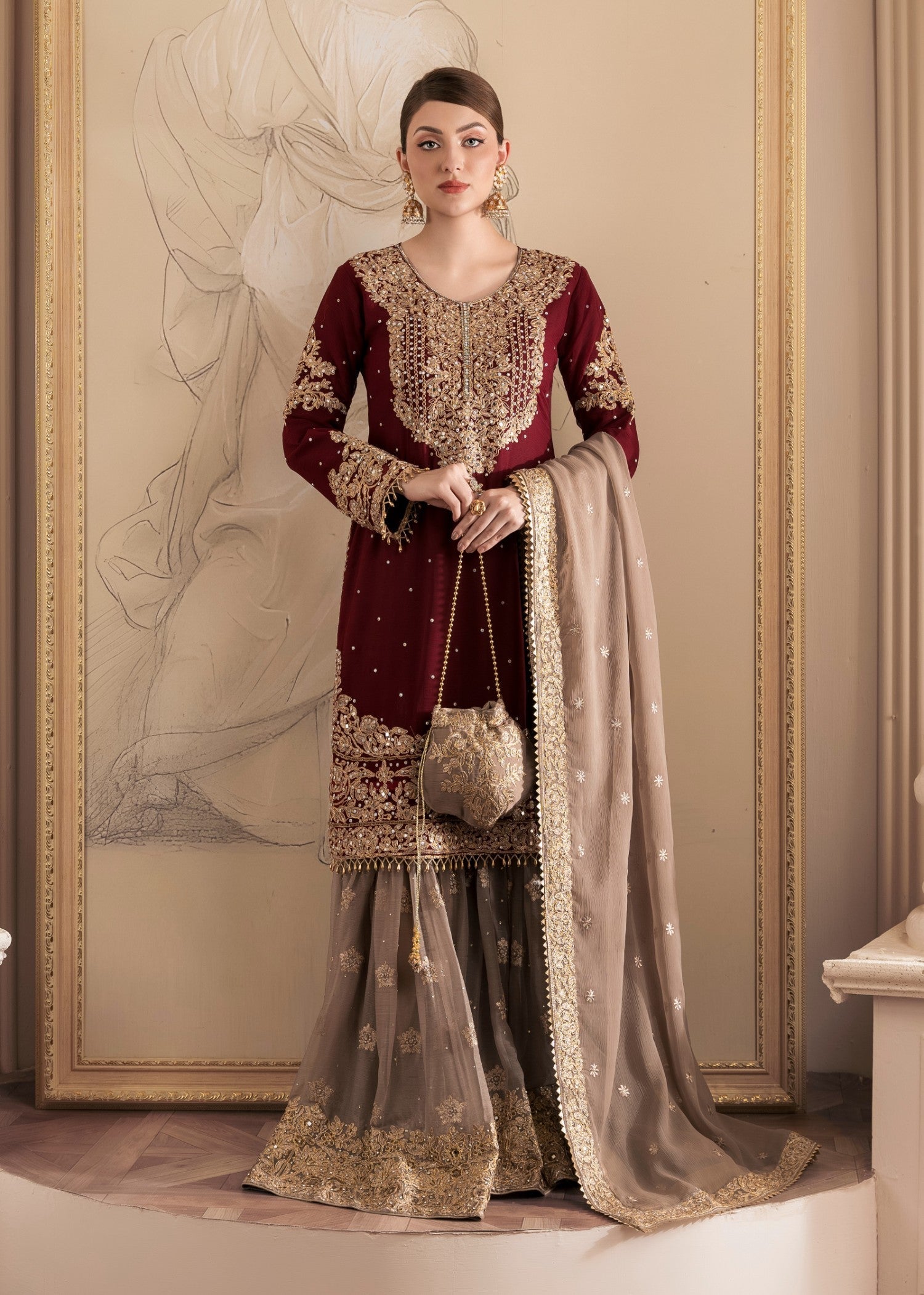chiffon Gharara in Maroon