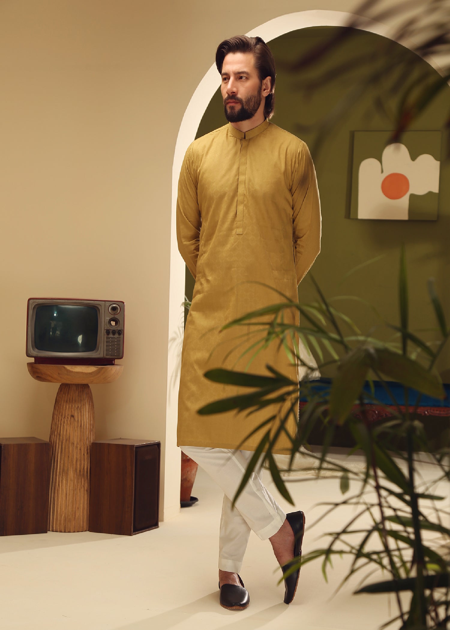 self jacquard Kurta in Mustard