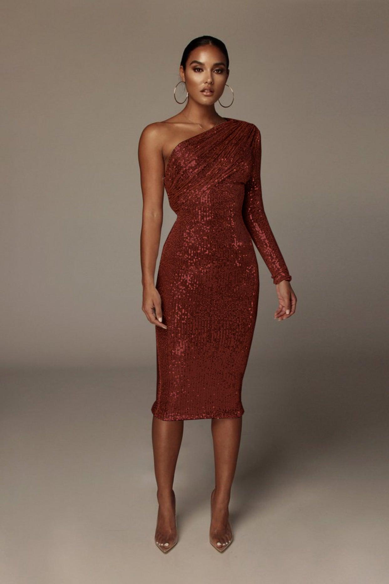 One-Shoulder Strapless Waist Sequined Shiny Catwalk Stage Dress