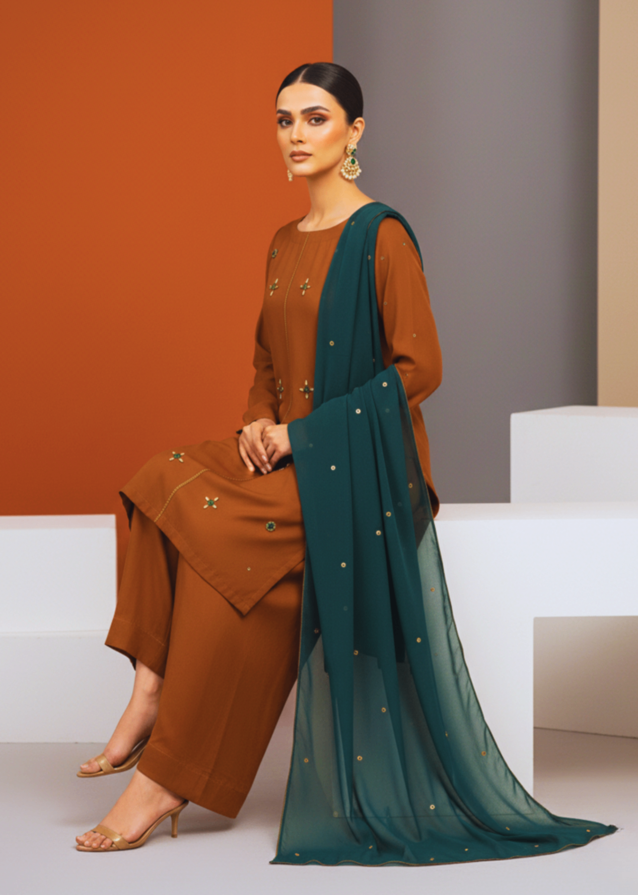 silk Kurta Set in Saffron, green