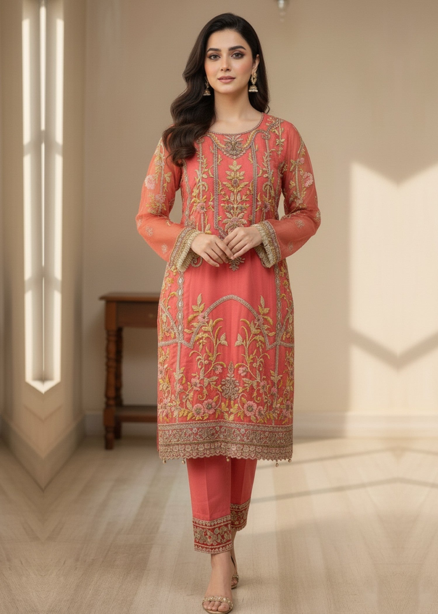 organza Kurta Set in Coral pink