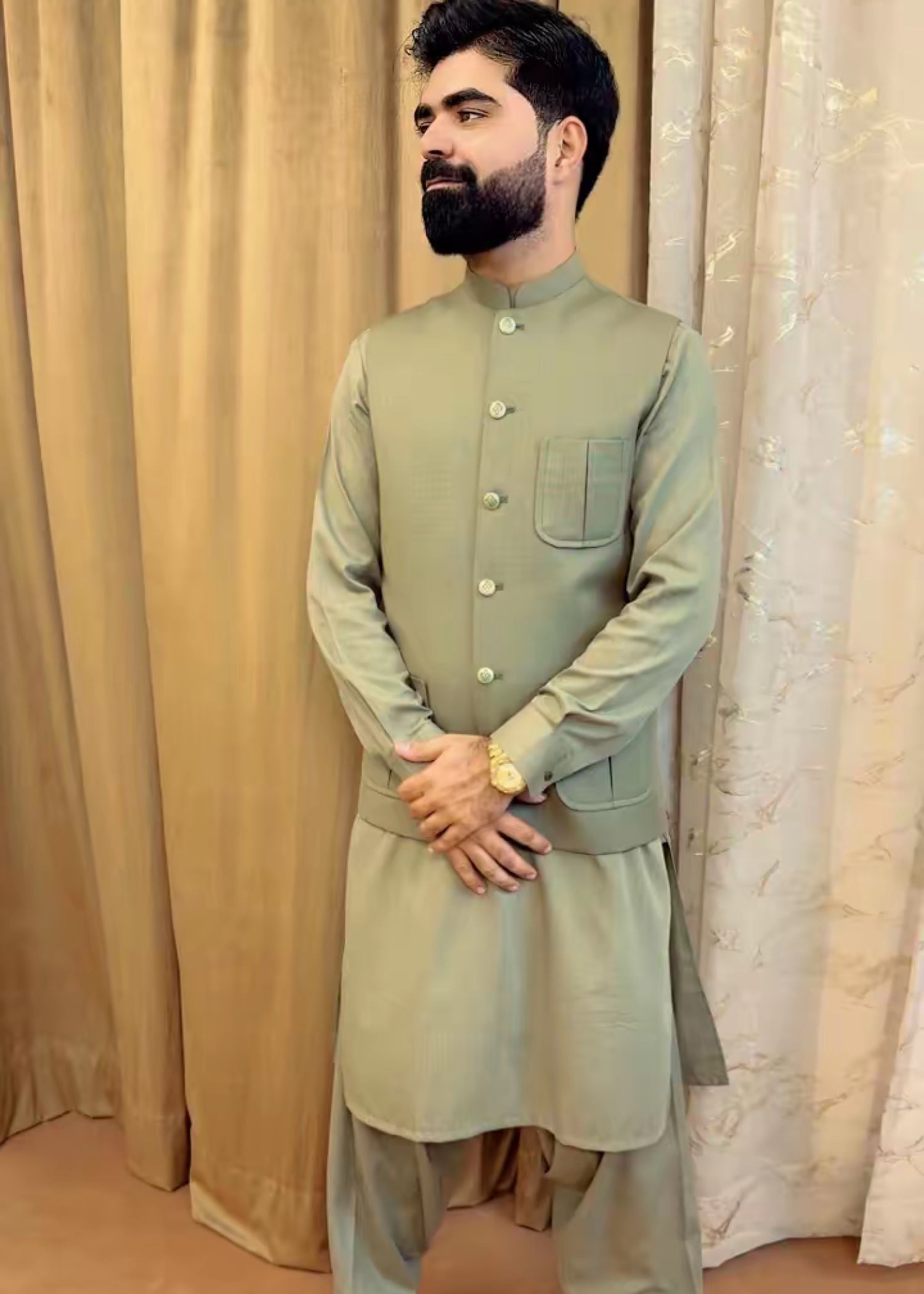 tropical Waistcoat in Sage green by Bin Inam Legacy