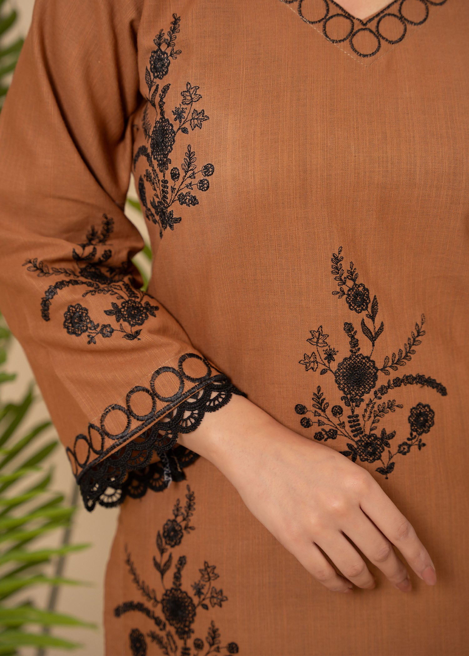 slub khaddar Kurta Set in Camel brown