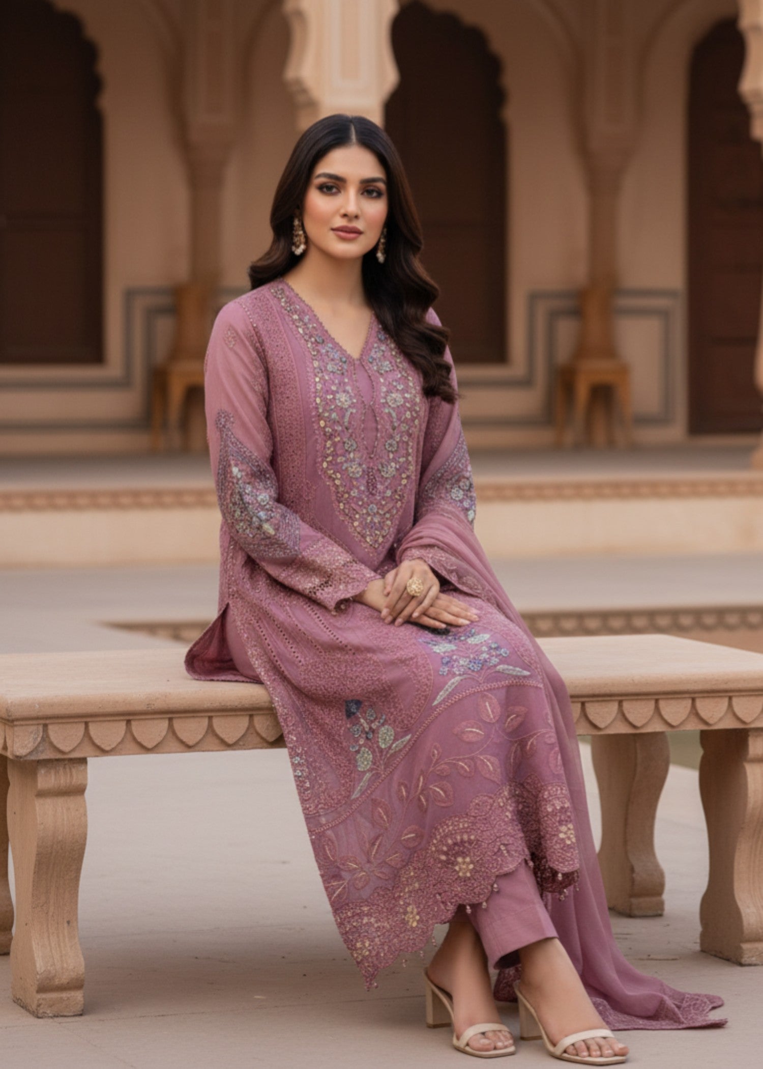 chiffon Kurta Set in Zinnia pink