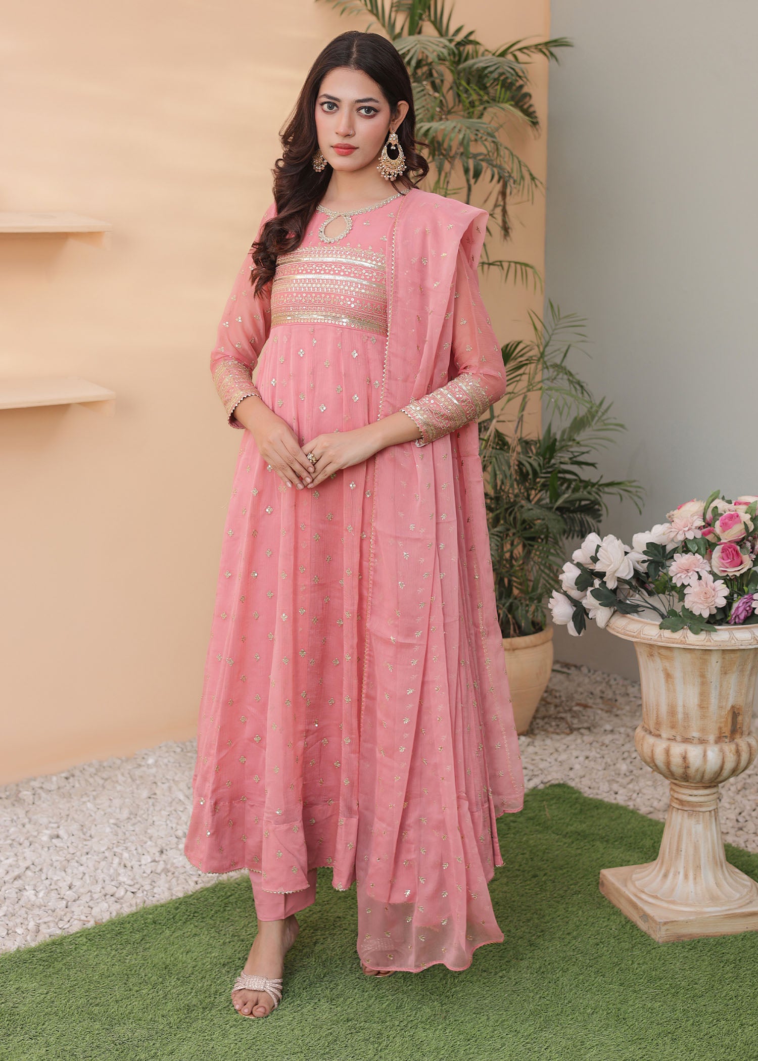 silk Anarkali in Pink